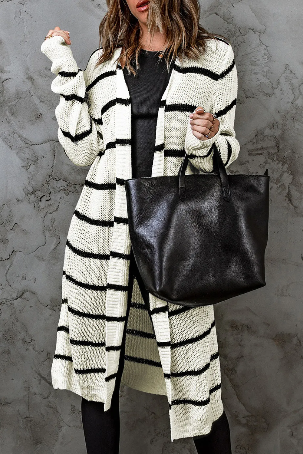 'Anastasia' Striped Open Front Rib-Knit Duster Cardigan