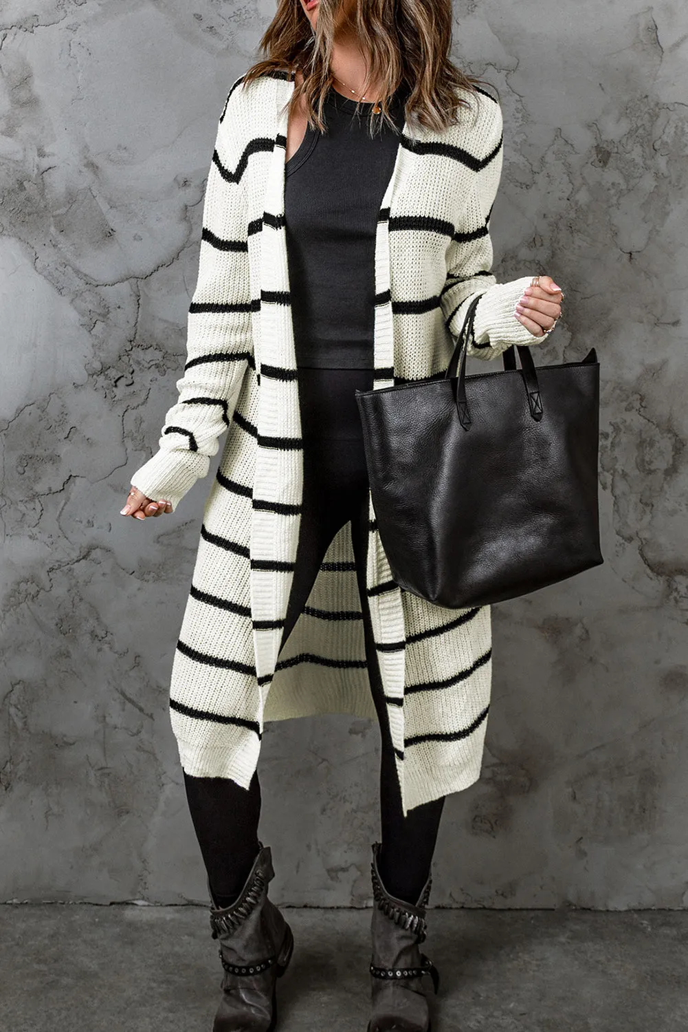 'Anastasia' Striped Open Front Rib-Knit Duster Cardigan