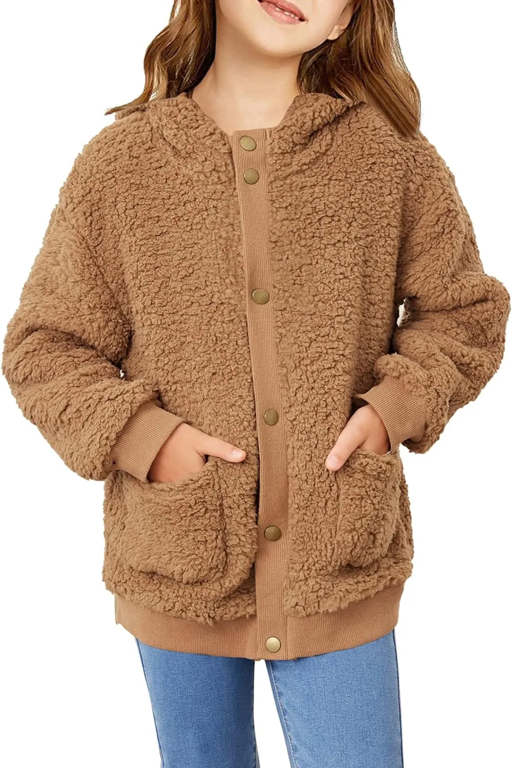 Arshiner Girls Fleece Sherpa Jacket Faux Shearling Fluffy Hooded Coat