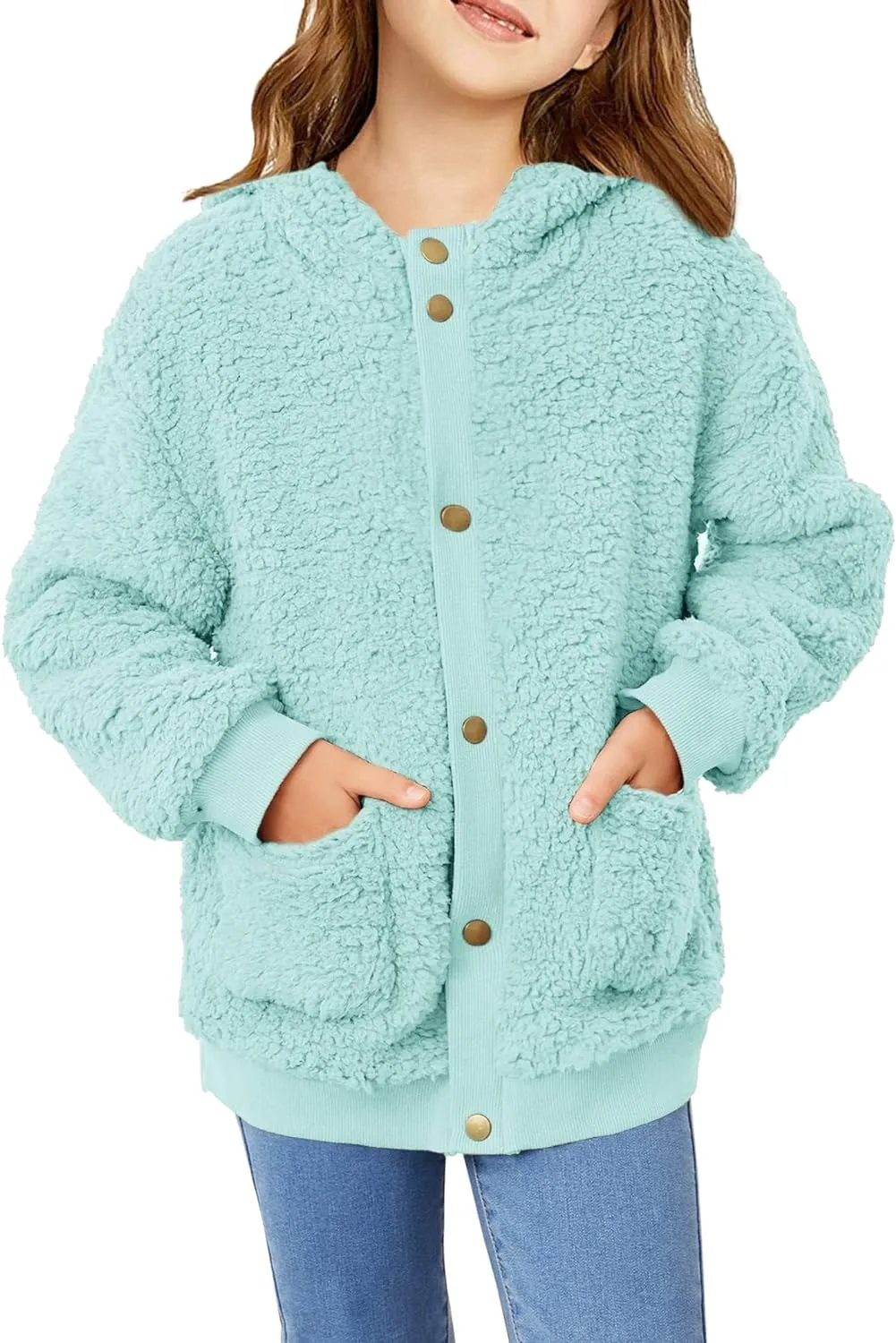 Arshiner Girls Fleece Sherpa Jacket Faux Shearling Fluffy Hooded Coat