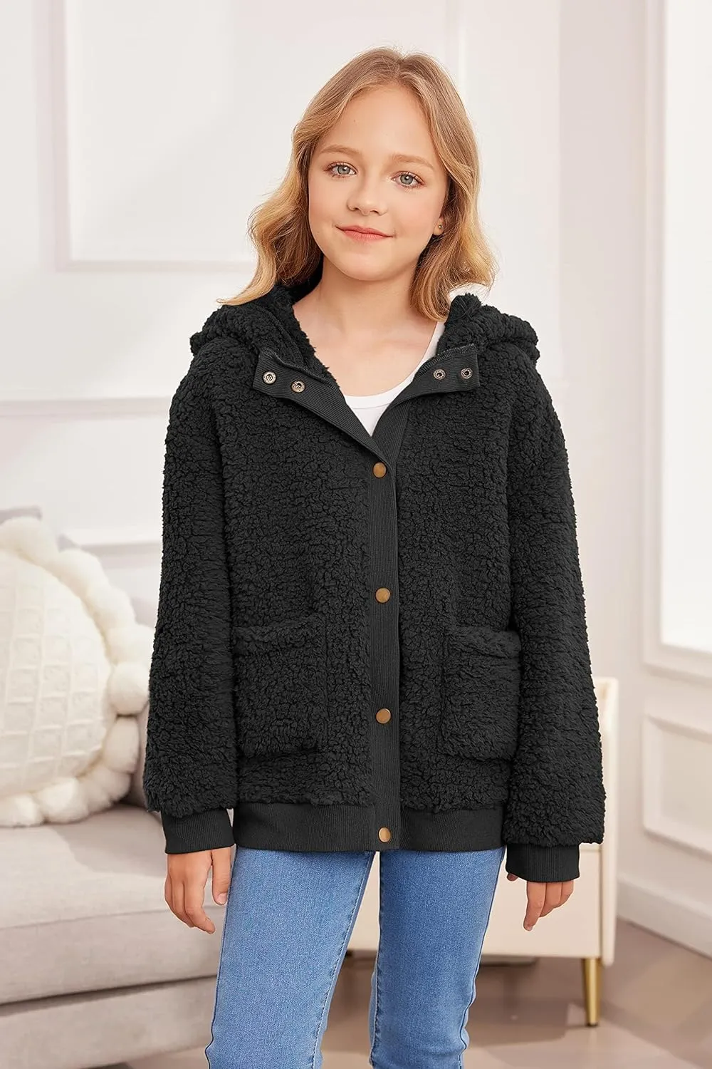 Arshiner Girls Fleece Sherpa Jacket Faux Shearling Fluffy Hooded Coat