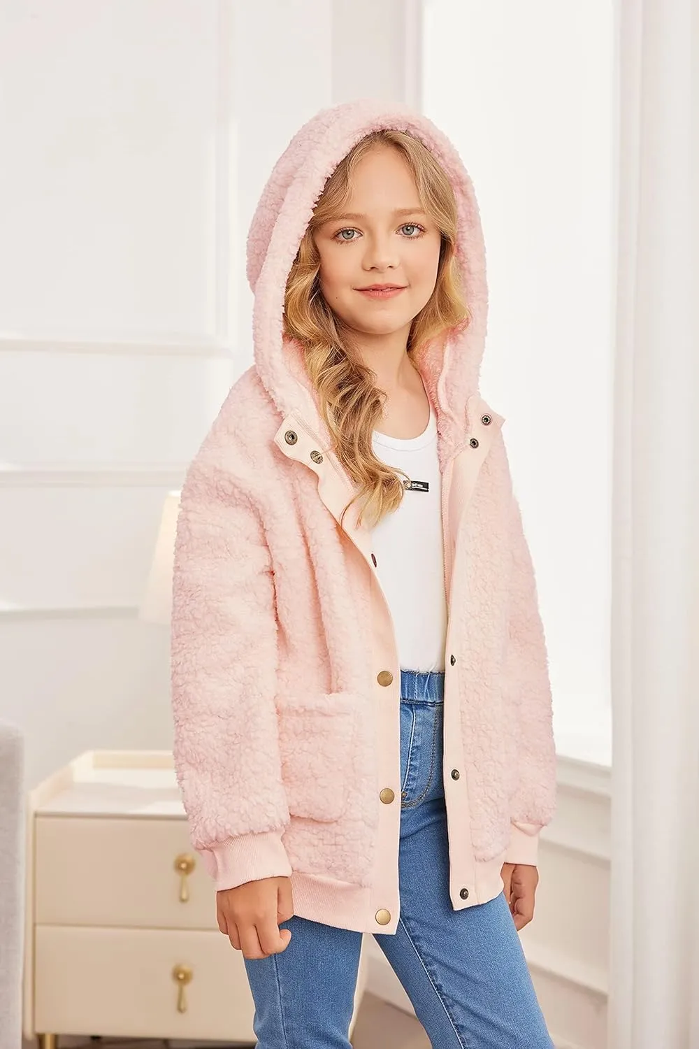 Arshiner Girls Fleece Sherpa Jacket Faux Shearling Fluffy Hooded Coat