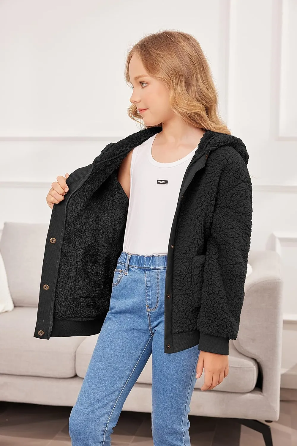 Arshiner Girls Fleece Sherpa Jacket Faux Shearling Fluffy Hooded Coat