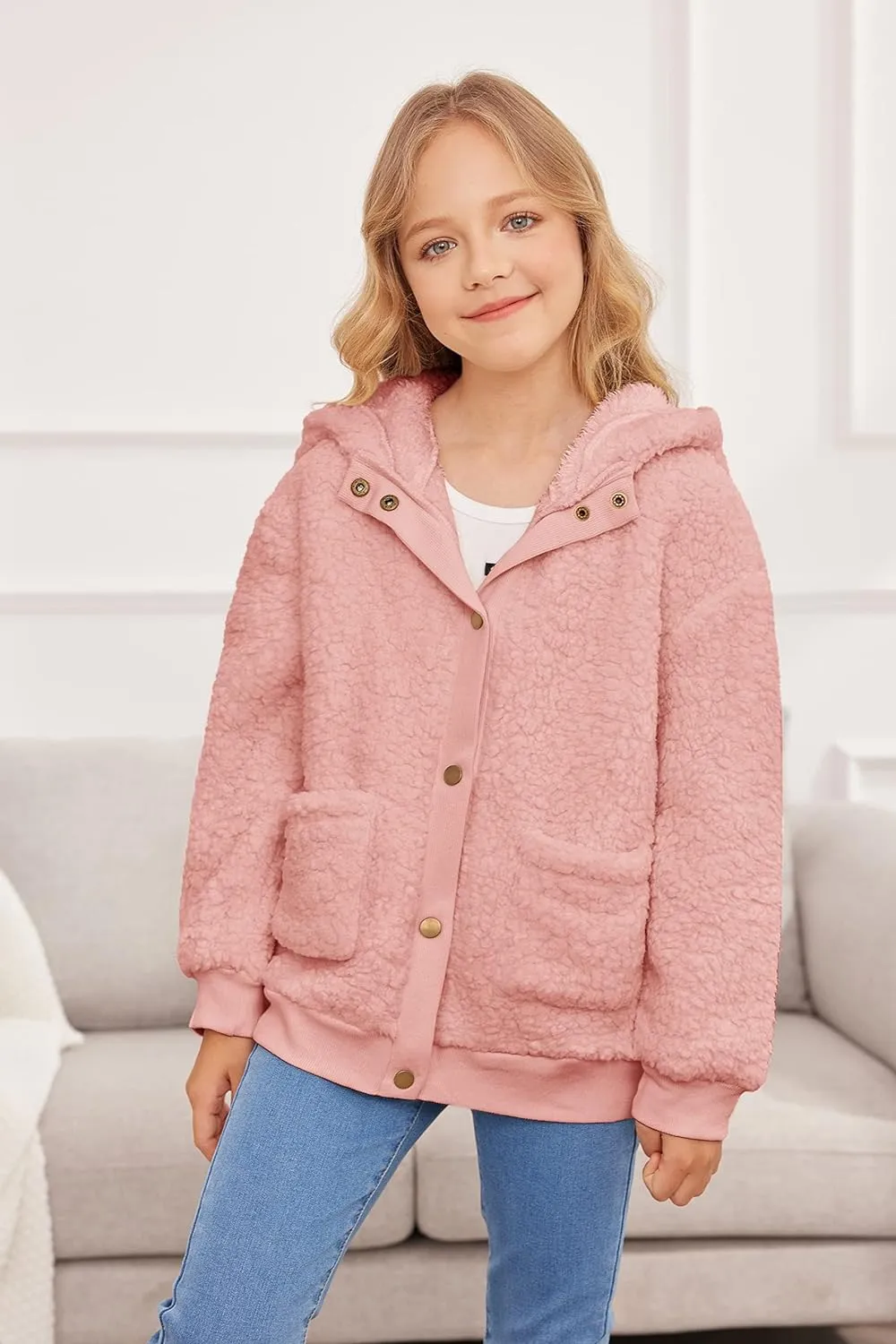 Arshiner Girls Fleece Sherpa Jacket Faux Shearling Fluffy Hooded Coat