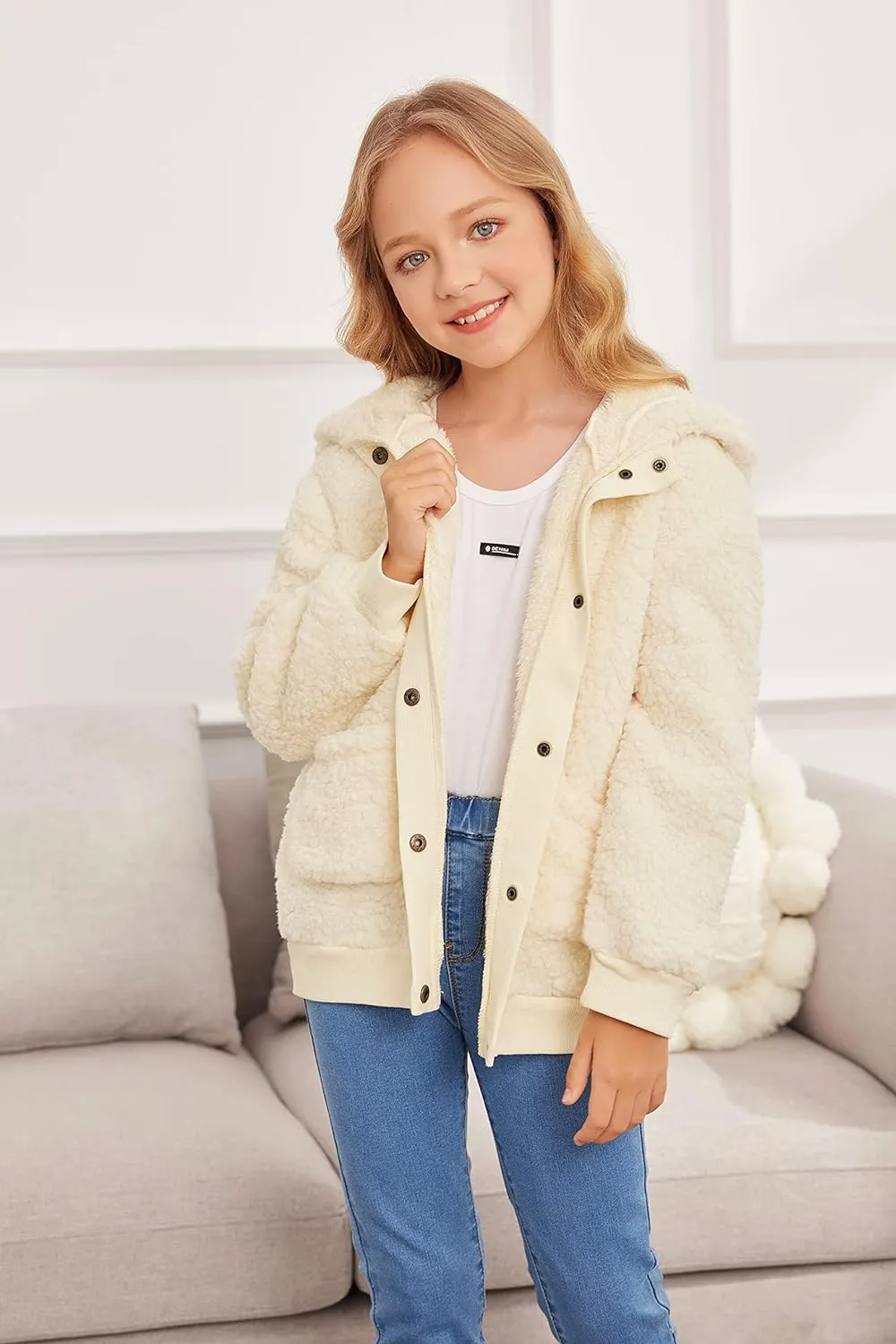 Arshiner Girls Fleece Sherpa Jacket Faux Shearling Fluffy Hooded Coat