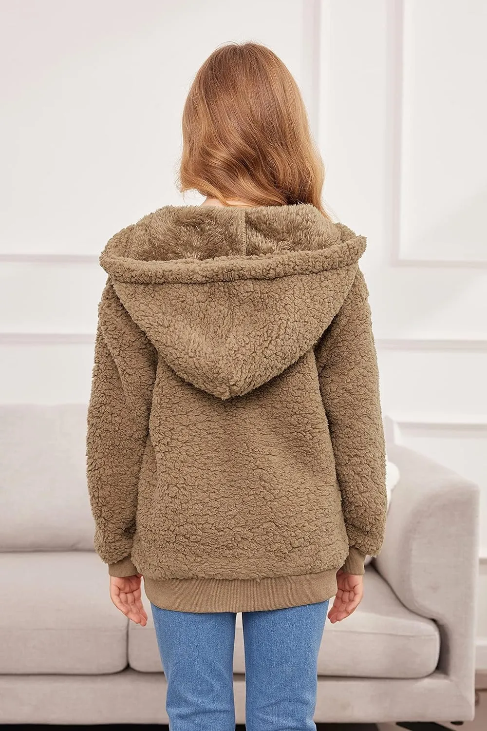 Arshiner Girls Fleece Sherpa Jacket Faux Shearling Fluffy Hooded Coat