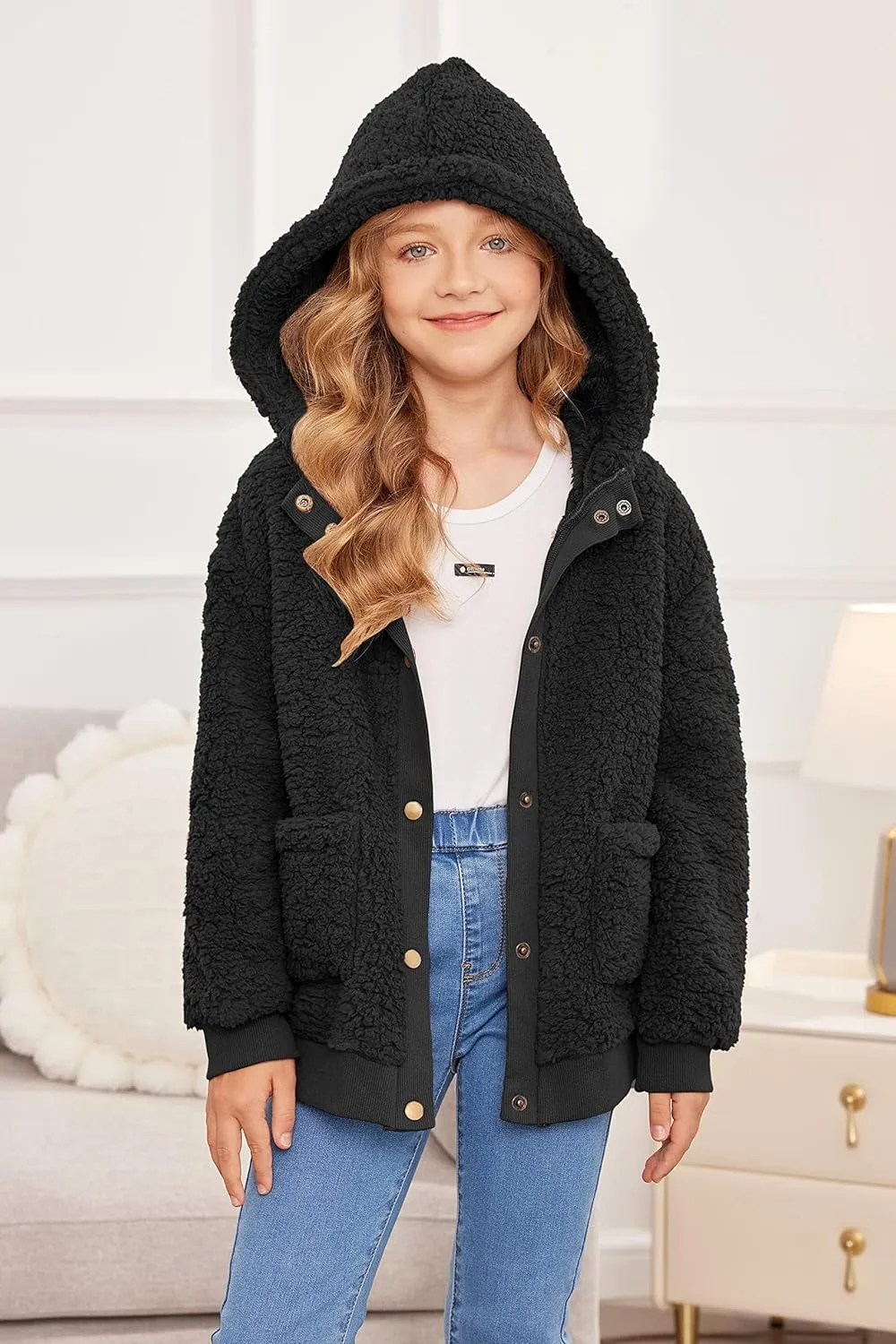 Arshiner Girls Fleece Sherpa Jacket Faux Shearling Fluffy Hooded Coat