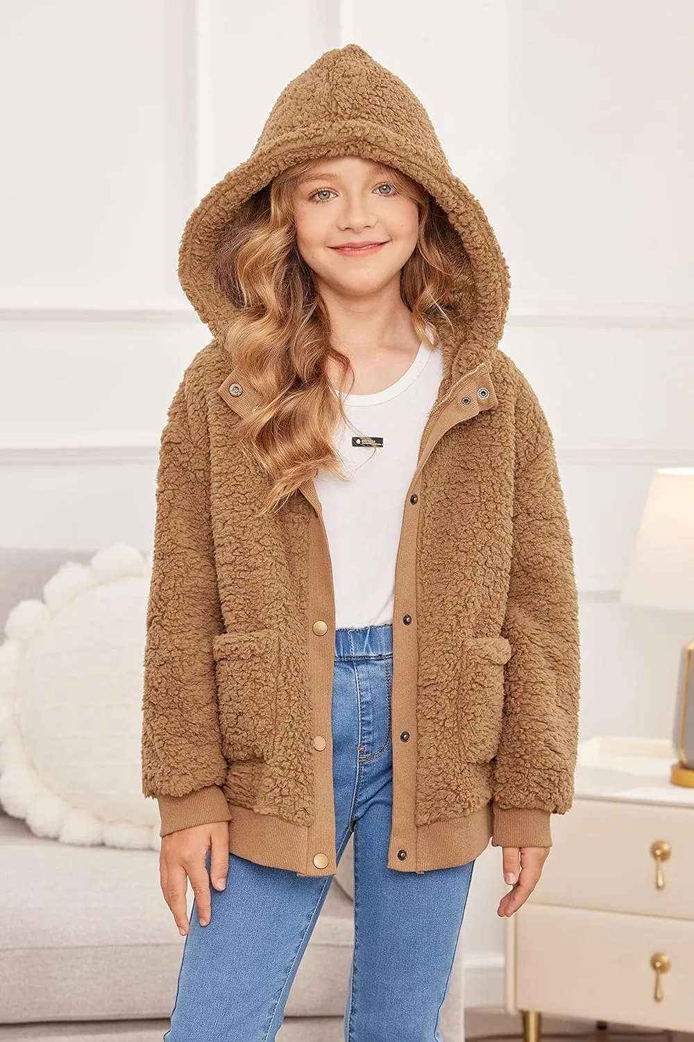 Arshiner Girls Fleece Sherpa Jacket Faux Shearling Fluffy Hooded Coat