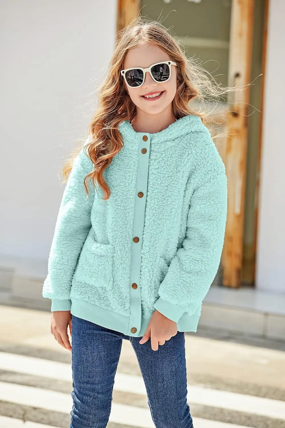 Arshiner Girls Fleece Sherpa Jacket Faux Shearling Fluffy Hooded Coat