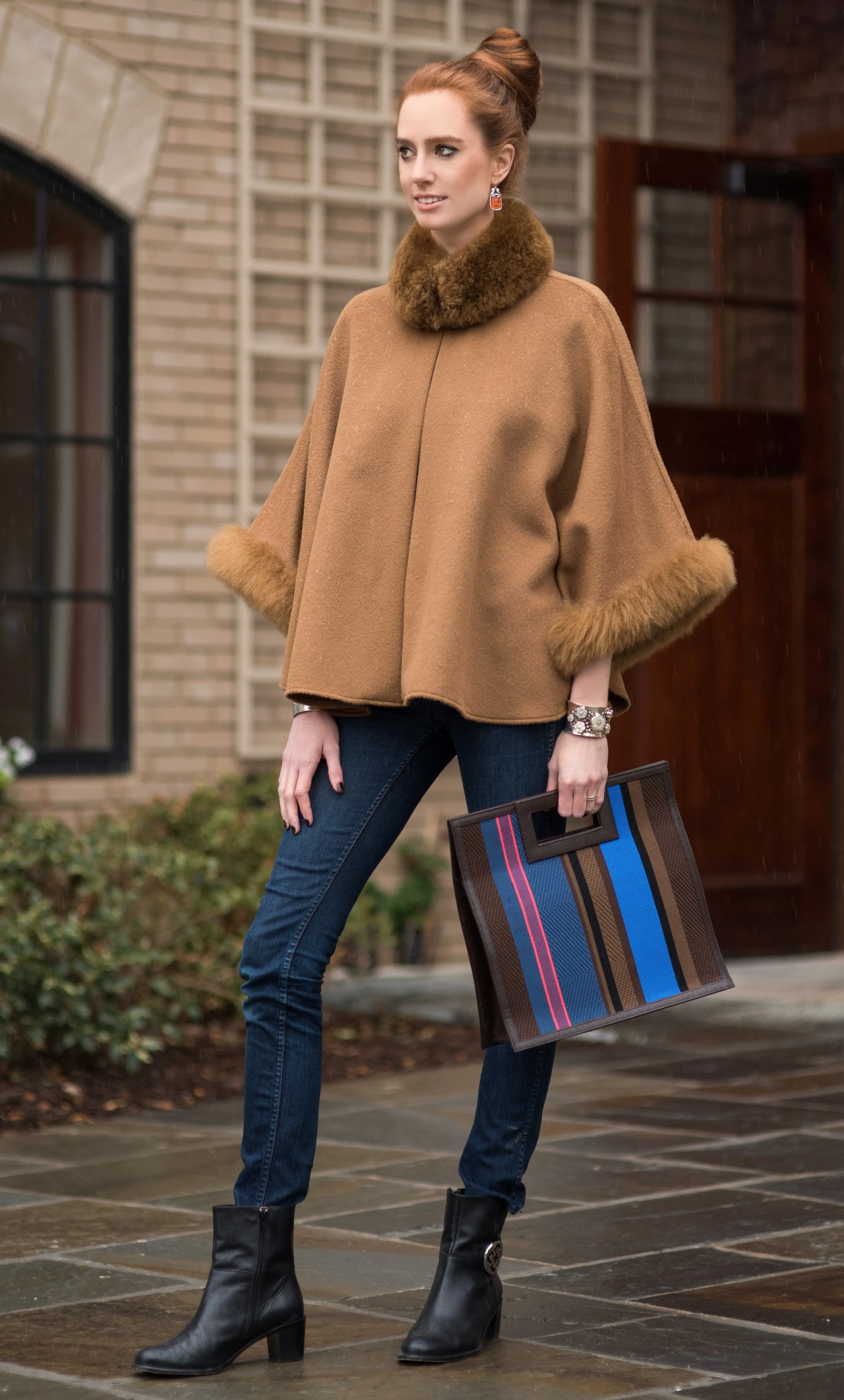 Baby Alpaca Cape with Fur Trim - Camel