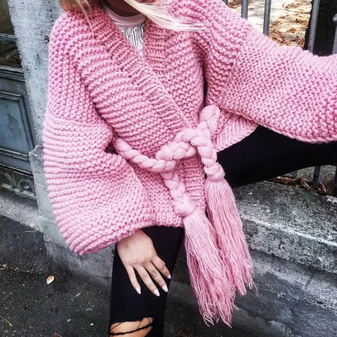 Bishop Sleeve Fringed Braided Belt Knit Sweater Cardigan - Pink