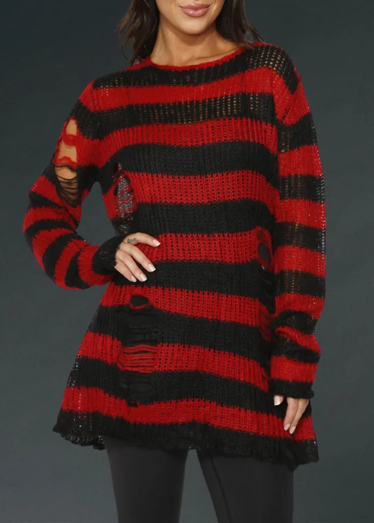 Black and Red Striped Oversized Distressed Knit Sweater