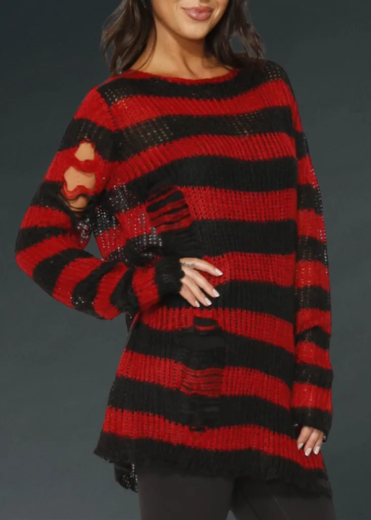 Black and Red Striped Oversized Distressed Knit Sweater