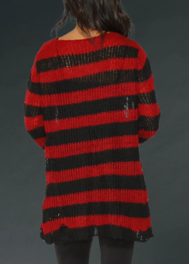 Black and Red Striped Oversized Distressed Knit Sweater