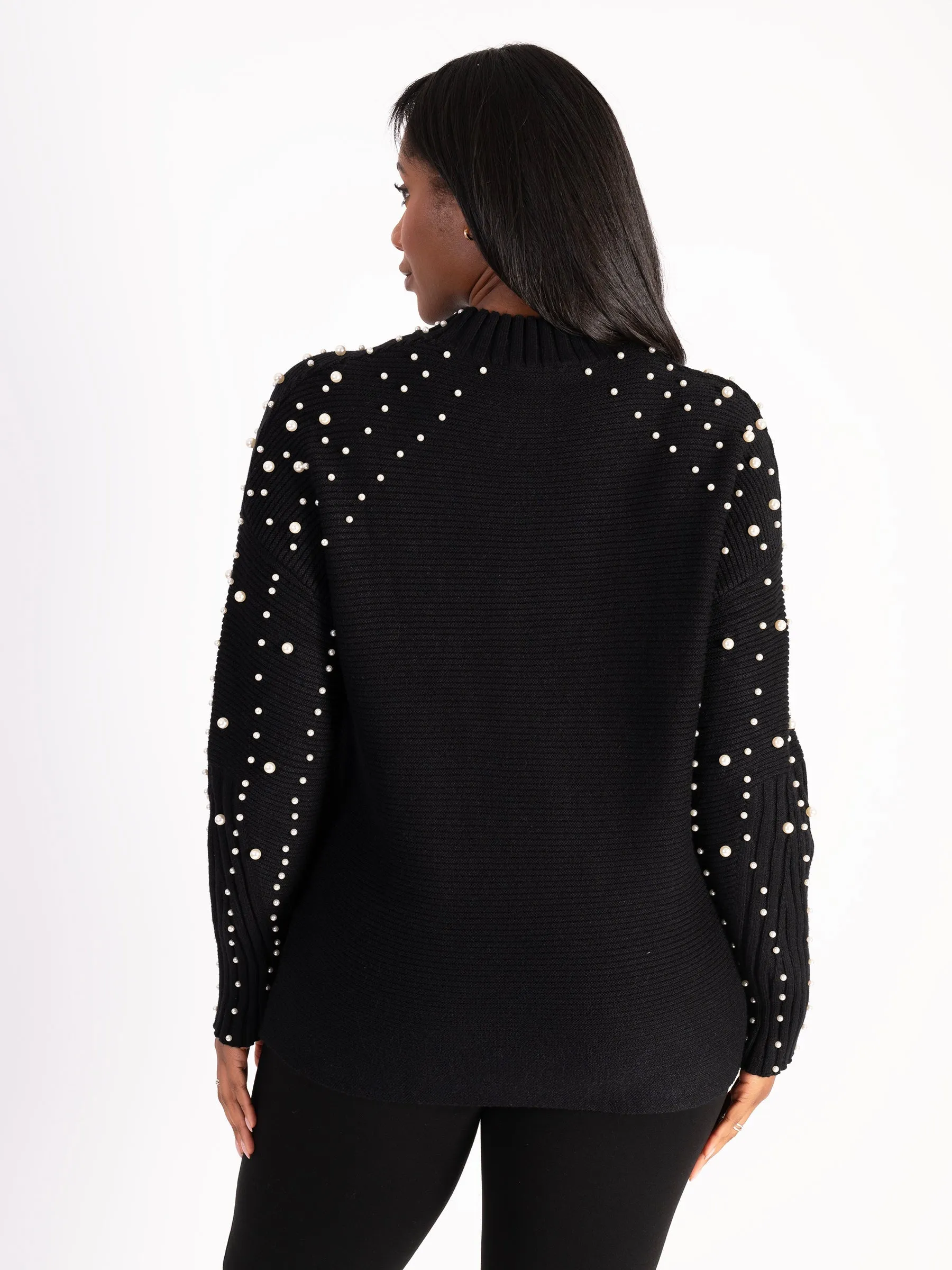 Black Crew Neck Jumper With Pearl Details