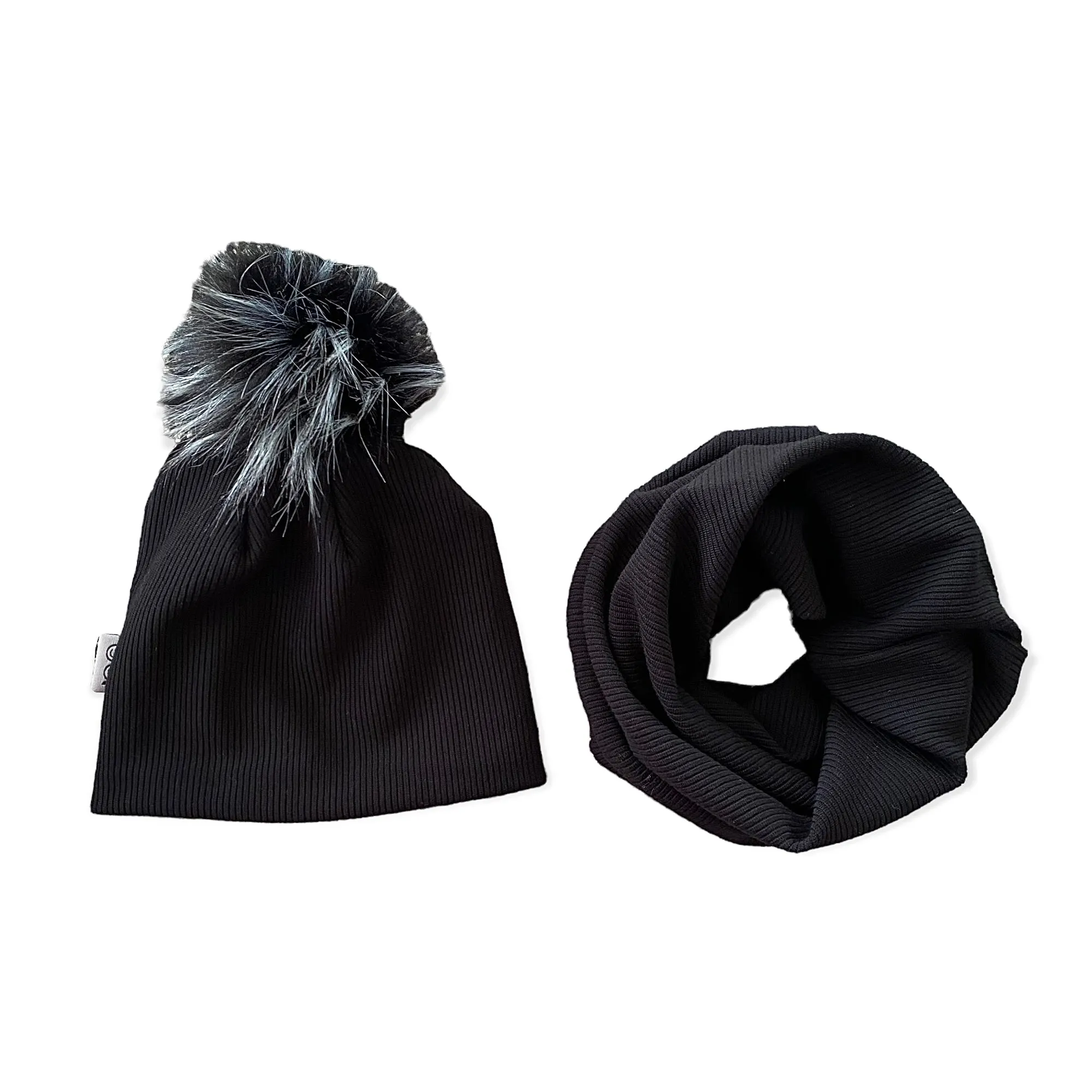 Black Ribbed Faux Fur Pom Pom Hat and Infinity Scarf