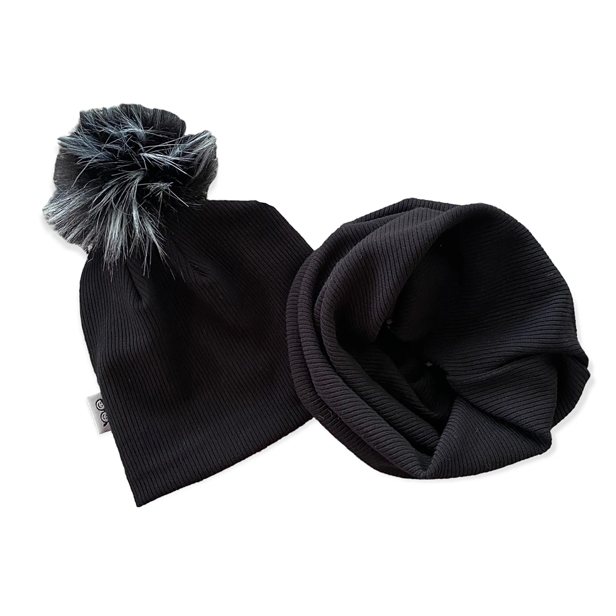 Black Ribbed Faux Fur Pom Pom Hat and Infinity Scarf