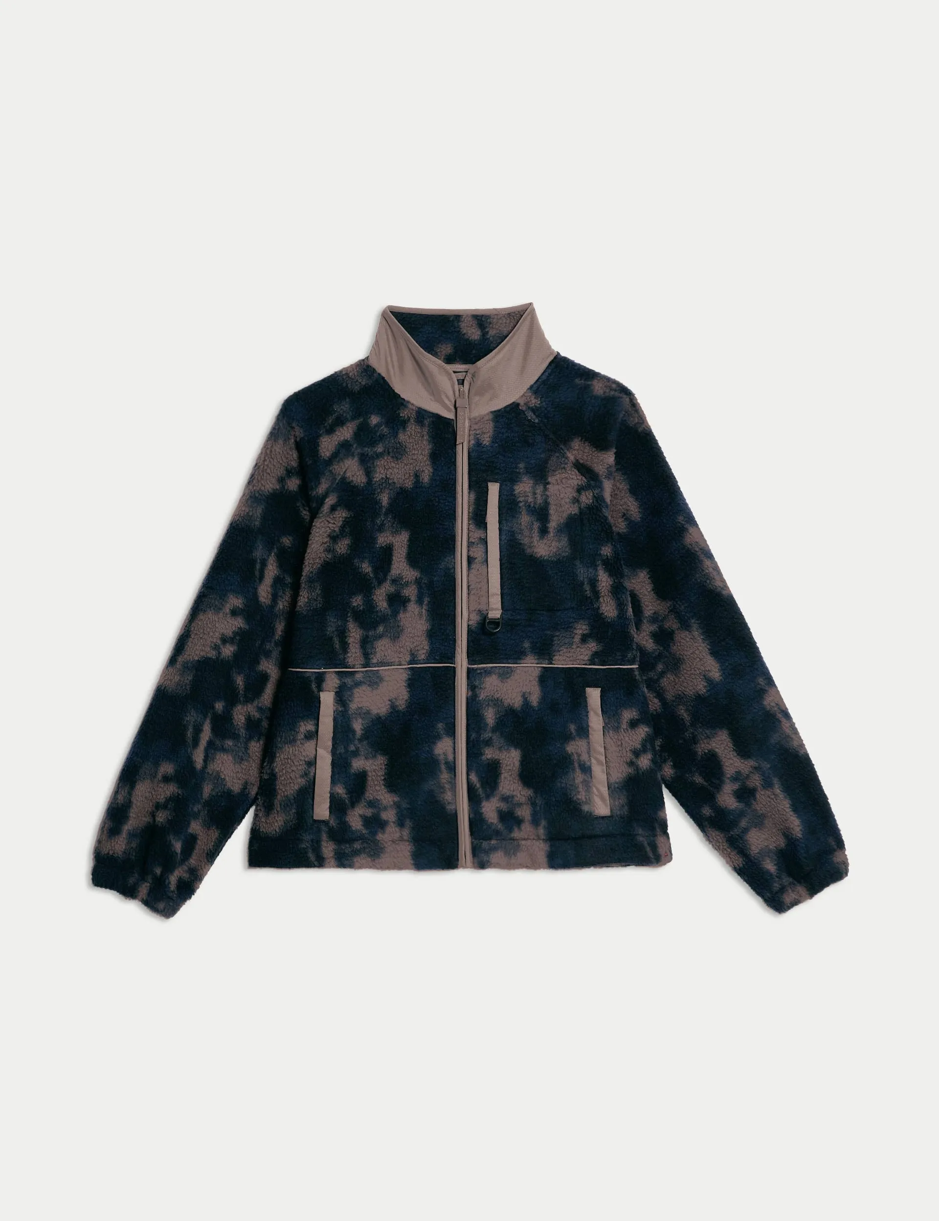 Borg Zip Up Printed Funnel Neck Fleece Jacket - Taupe Mix