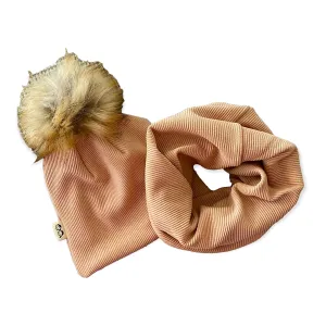 Camel Ribbed Faux Fur Pom Pom Hat and Infinity Scarf