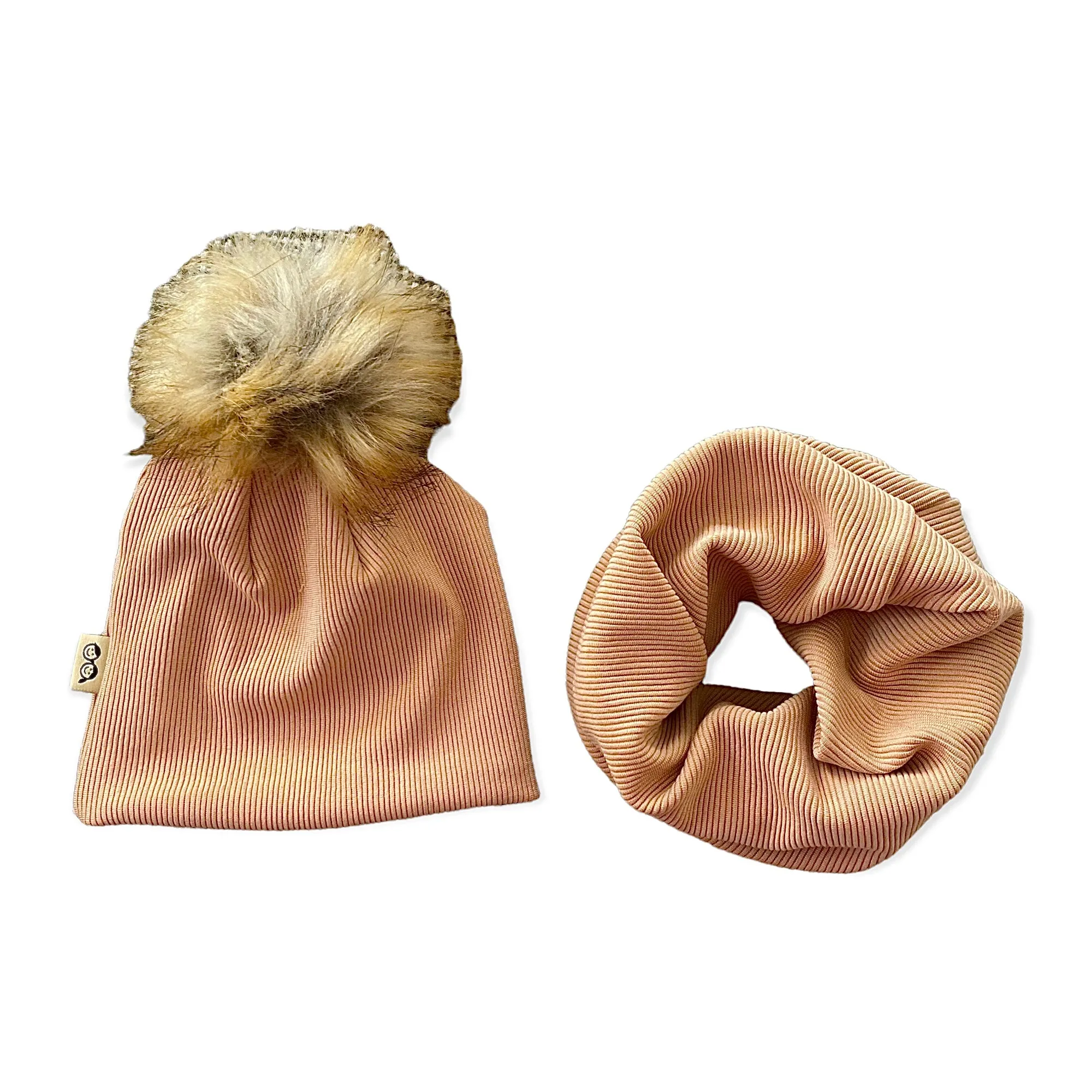 Camel Ribbed Faux Fur Pom Pom Hat and Infinity Scarf