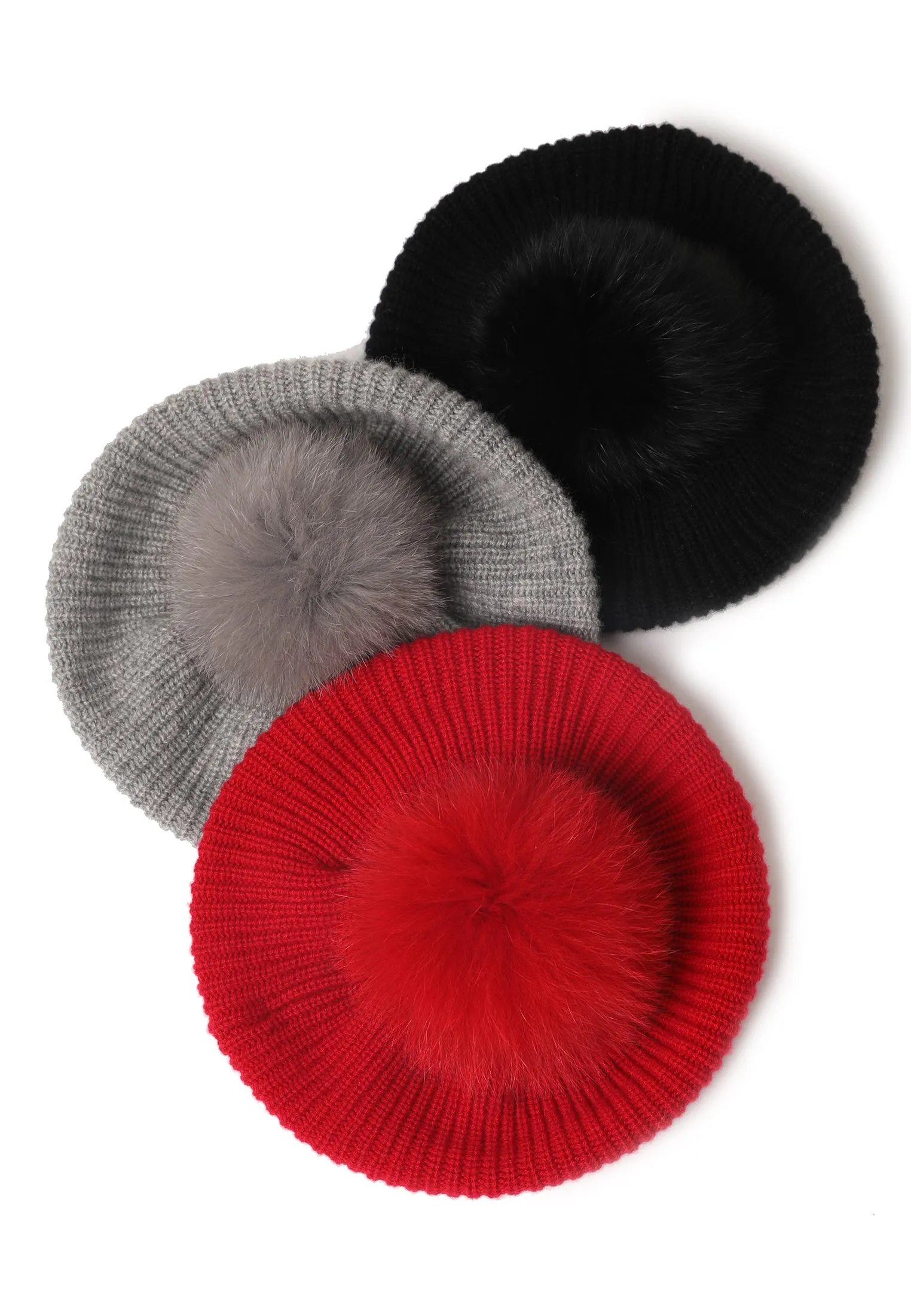 Cashmere Beret with Fur Pom Beret