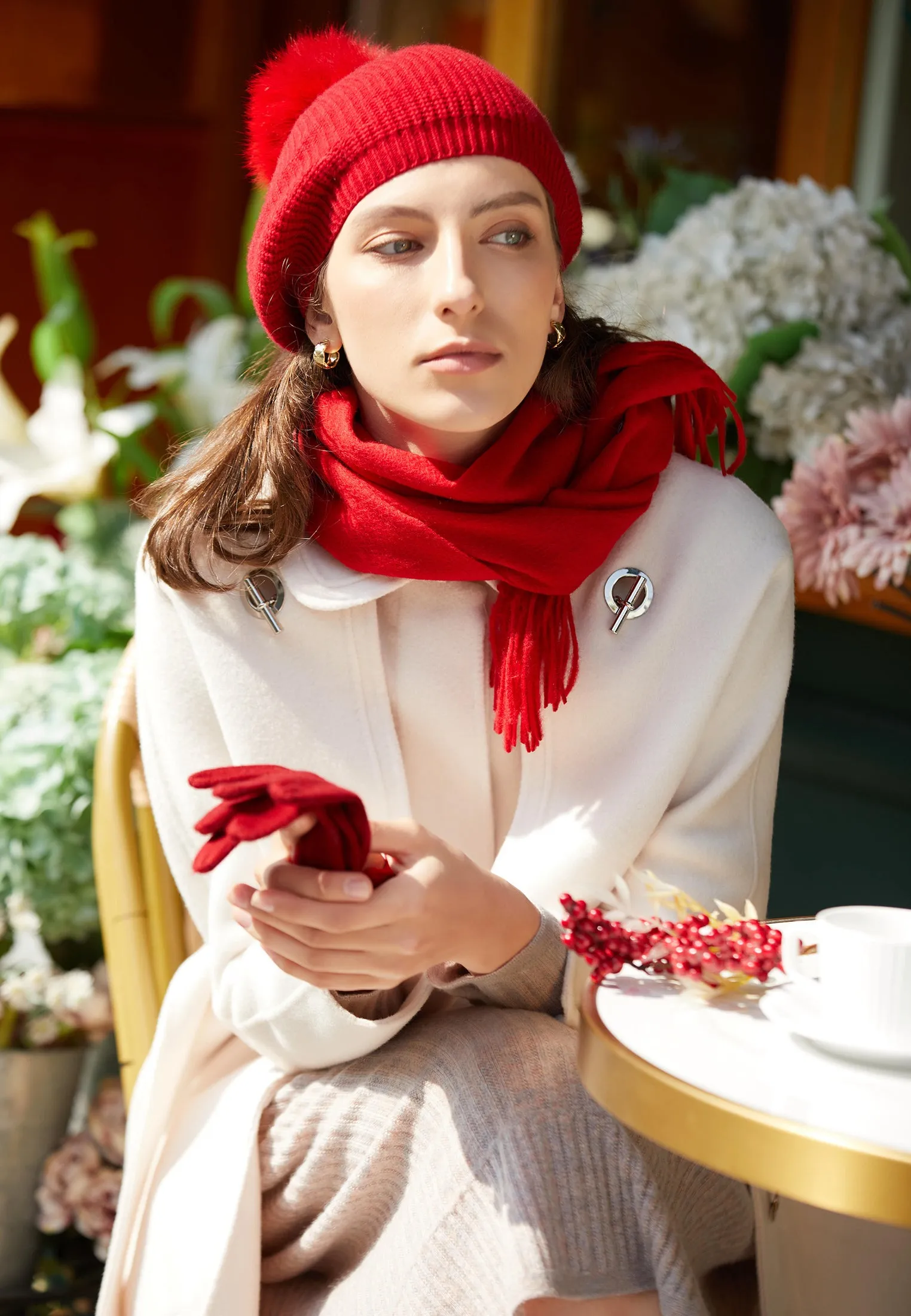 Cashmere Beret with Fur Pom Beret