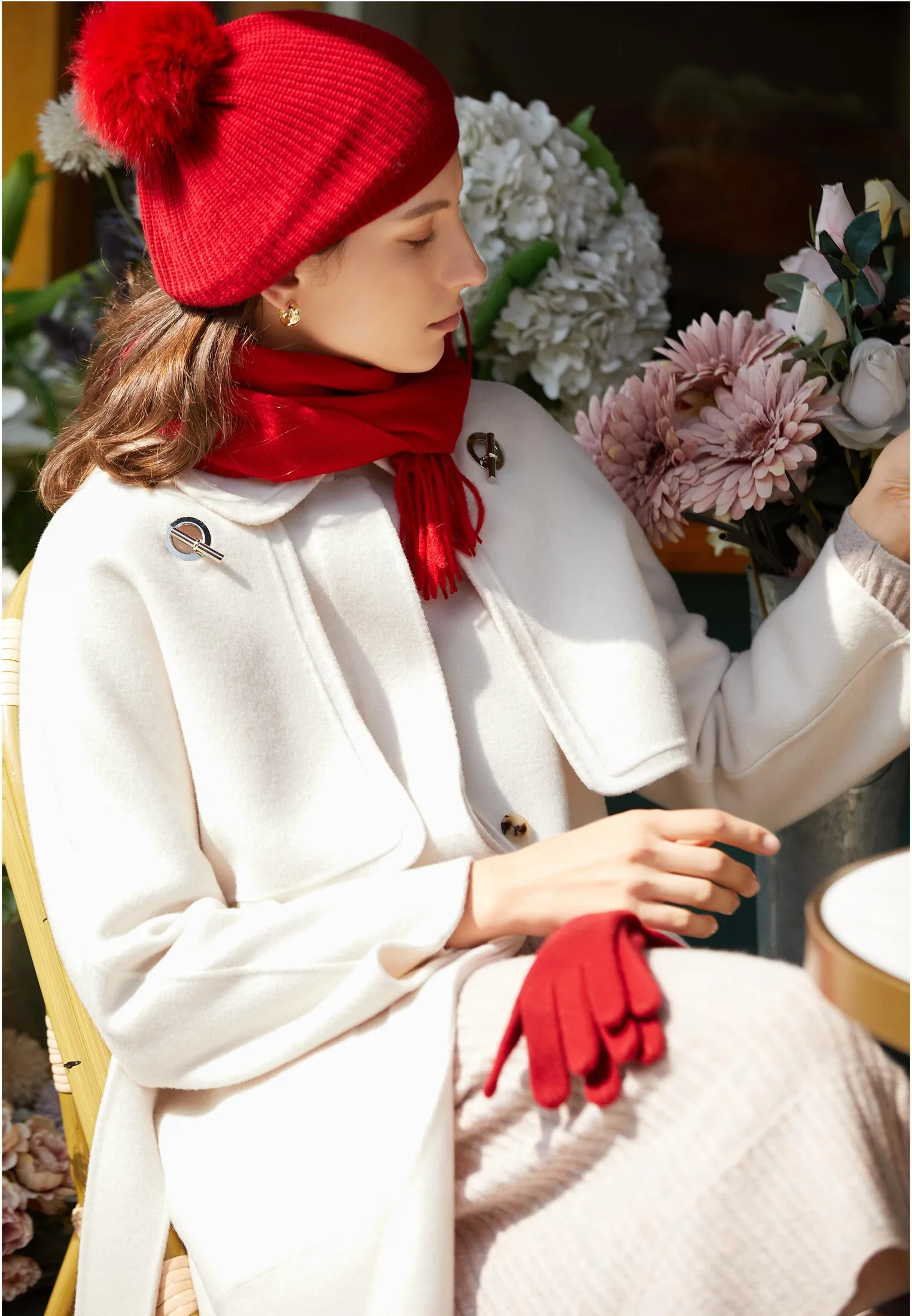 Cashmere Beret with Fur Pom Beret