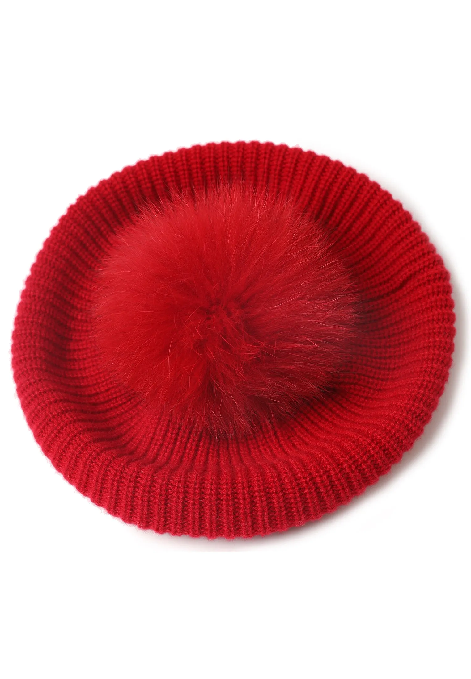 Cashmere Beret with Fur Pom Beret