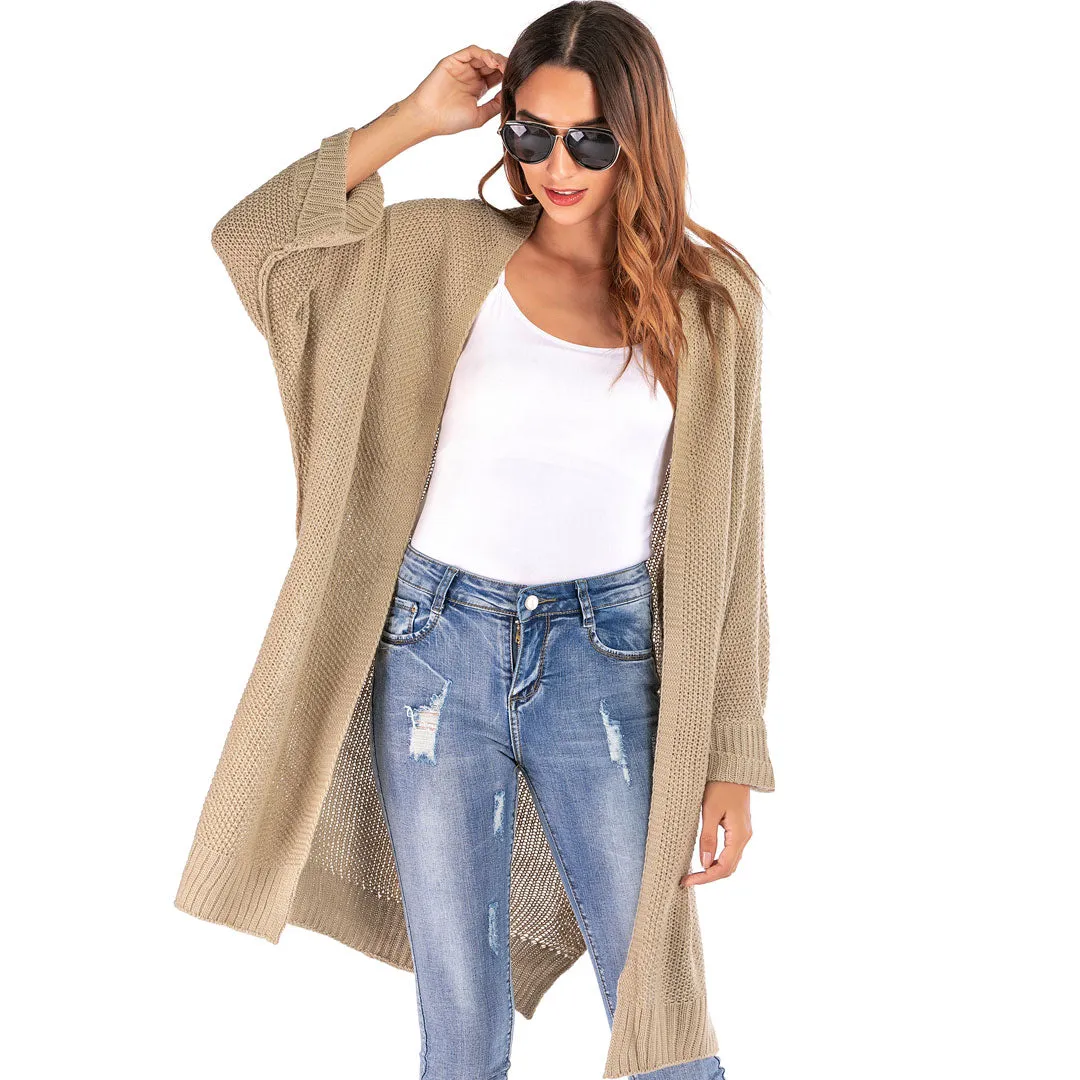 Casual Dolman Sleeve Side Slit Open Front Knit Cardigan