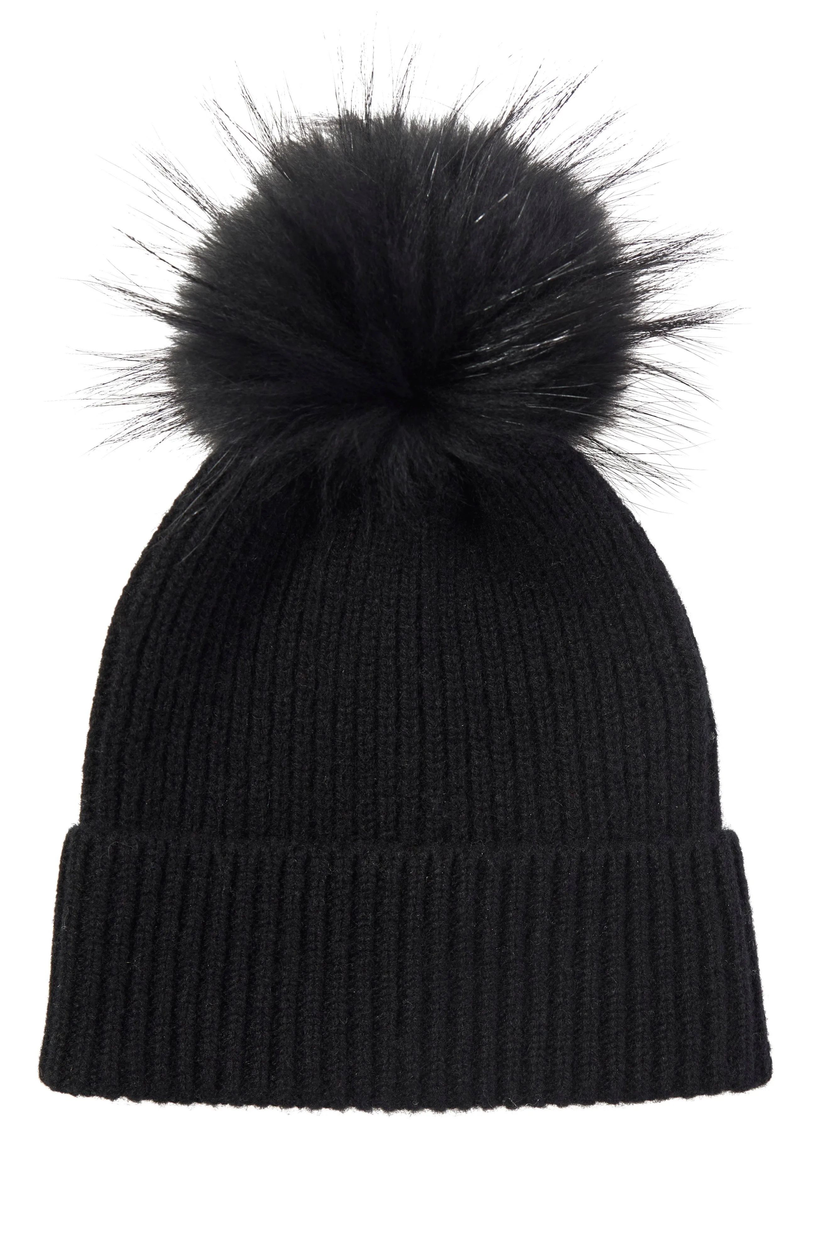 CHUNKY RIBBED CASHMERE HAT WITH FUR POM