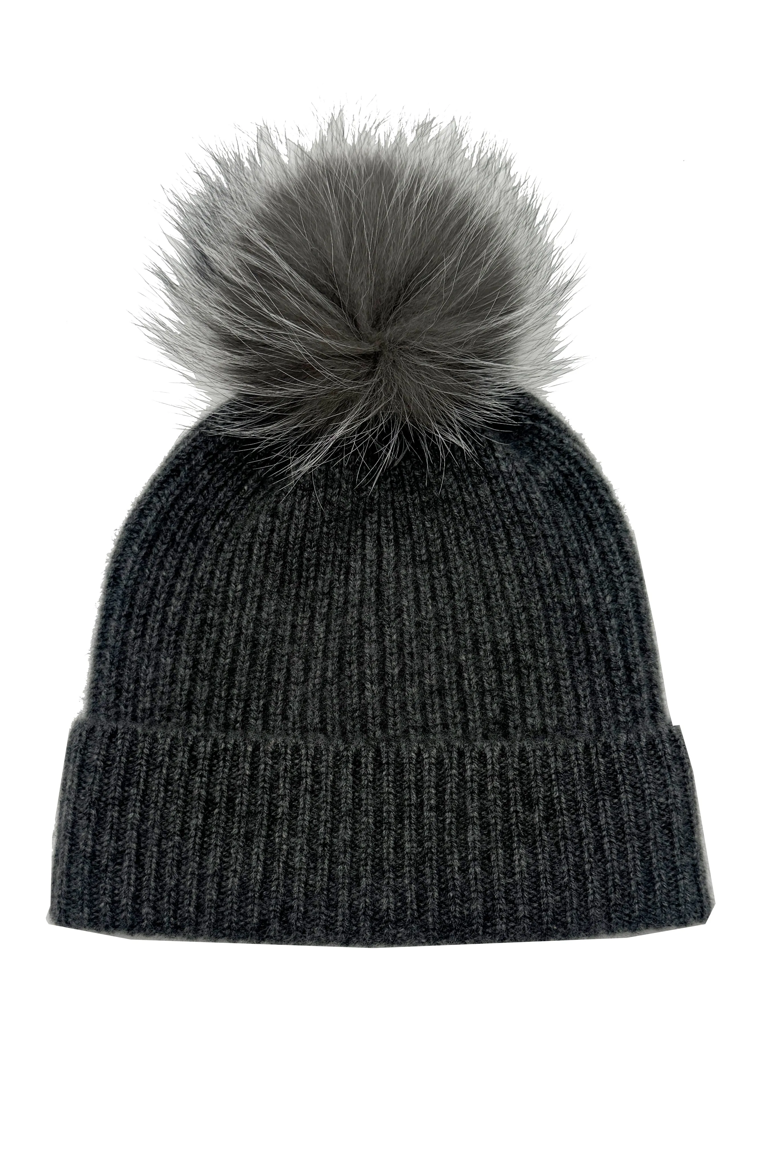 CHUNKY RIBBED CASHMERE HAT WITH FUR POM