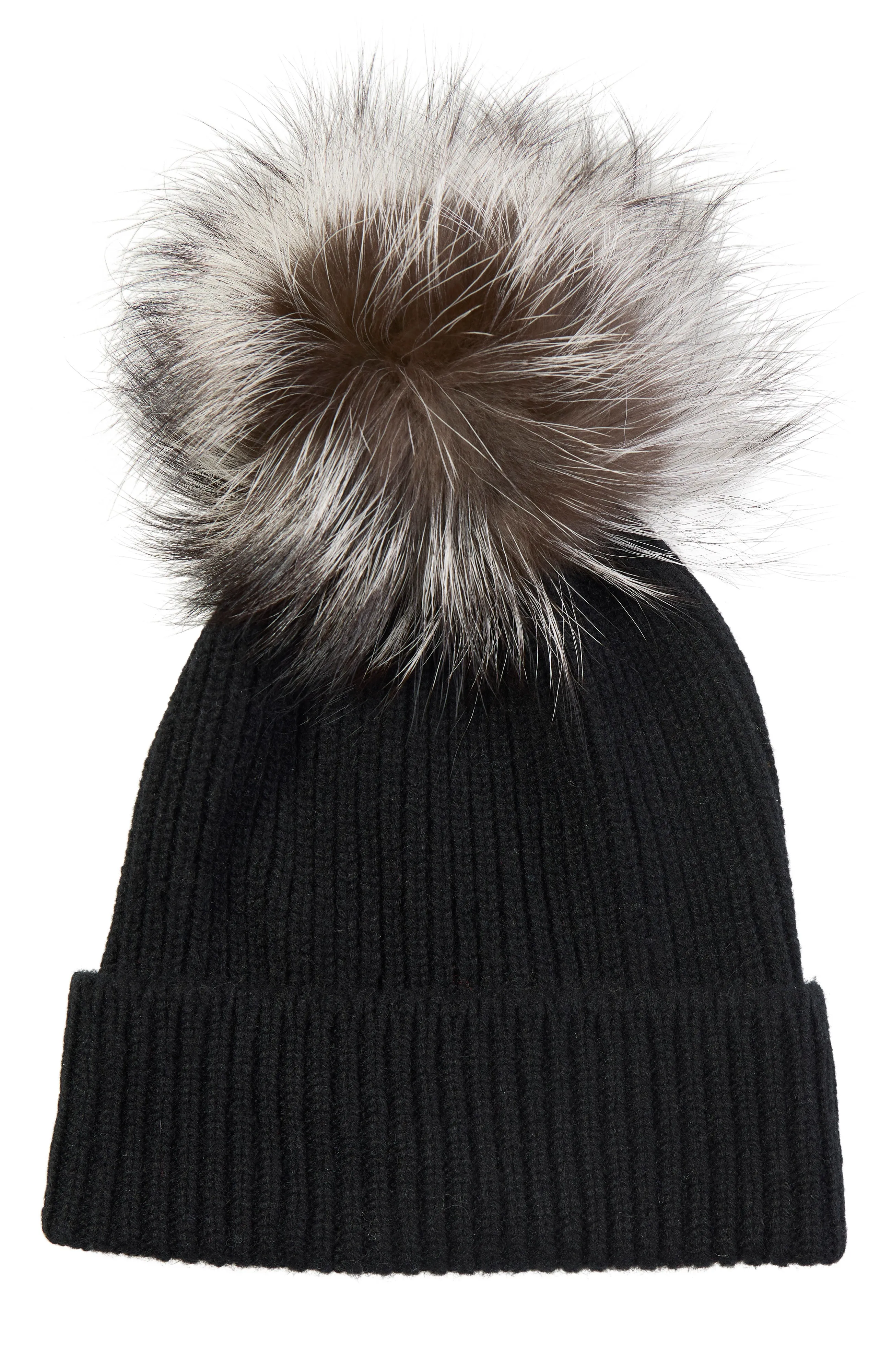 CHUNKY RIBBED CASHMERE HAT WITH FUR POM