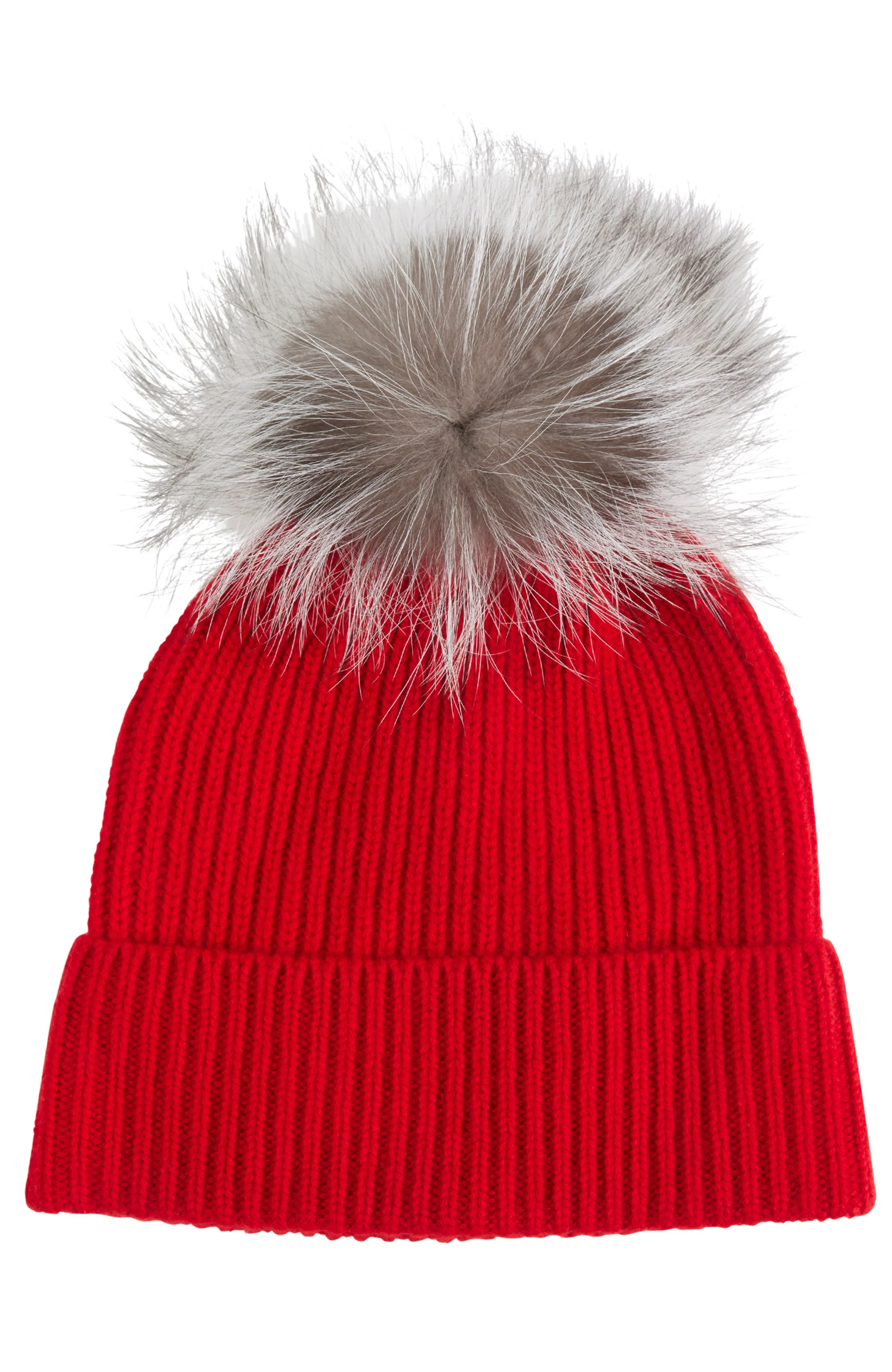 CHUNKY RIBBED CASHMERE HAT WITH FUR POM