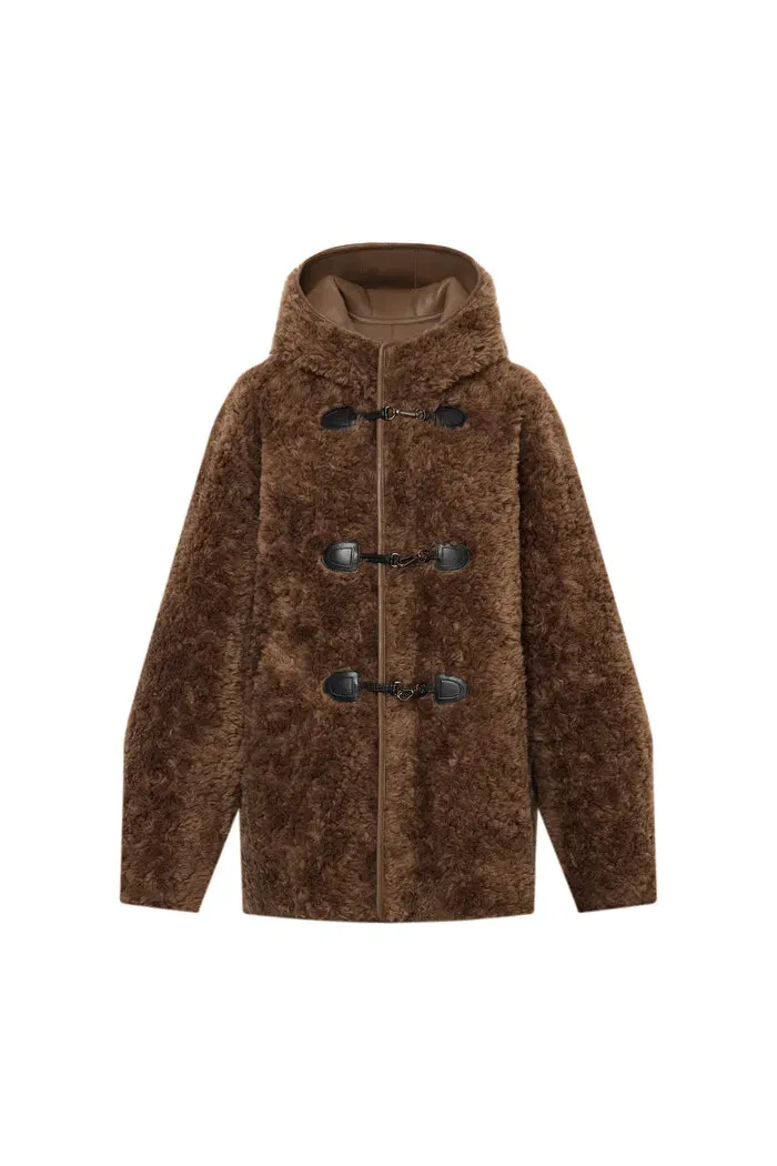 Clémence Shearling Hooded Coat in Vegan Leather and Wool Blend