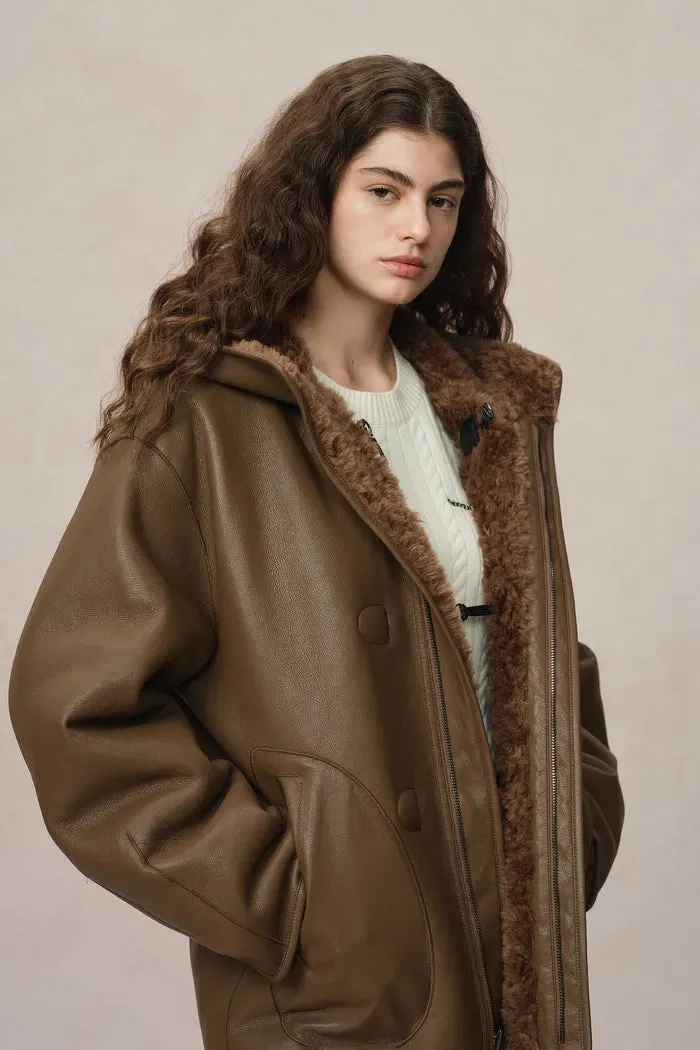 Clémence Shearling Hooded Coat in Vegan Leather and Wool Blend