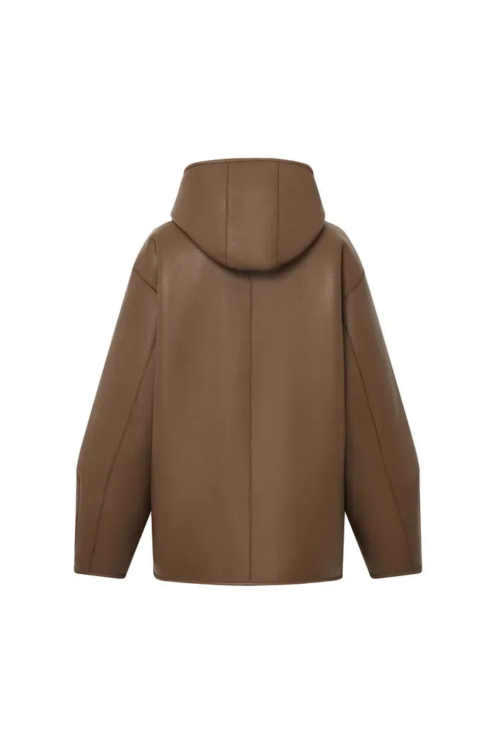 Clémence Shearling Hooded Coat in Vegan Leather and Wool Blend