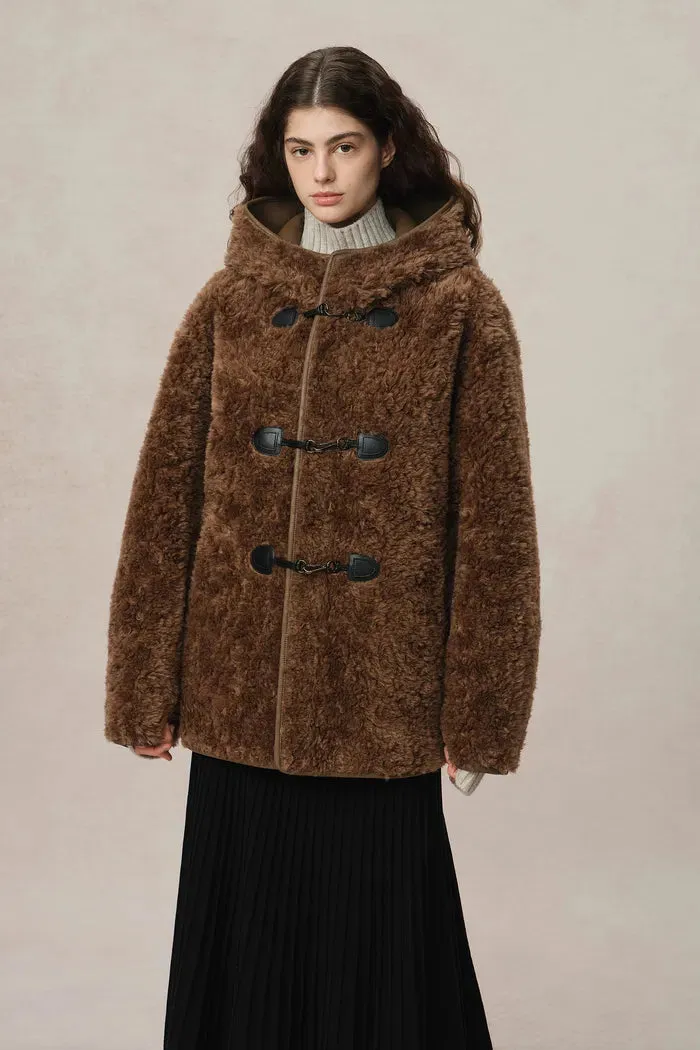 Clémence Shearling Hooded Coat in Vegan Leather and Wool Blend