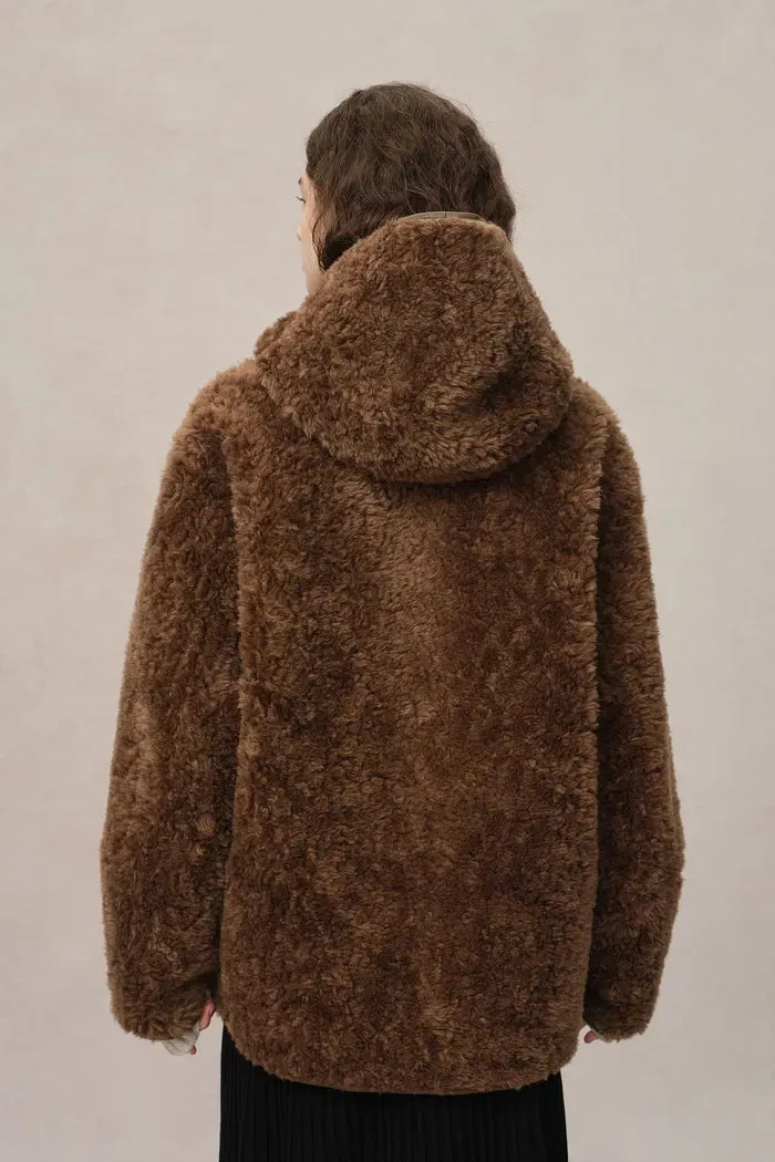 Clémence Shearling Hooded Coat in Vegan Leather and Wool Blend