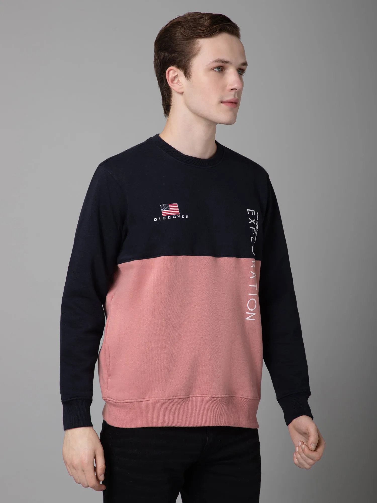 Color Blocked Dark Pink Full Sleeves Rounded Neck Regular Fit Casual Sweatshirt for Men