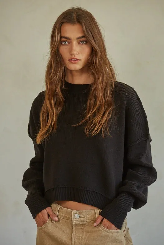 Cotton Acrylic Ribbed Knit Sweater Black