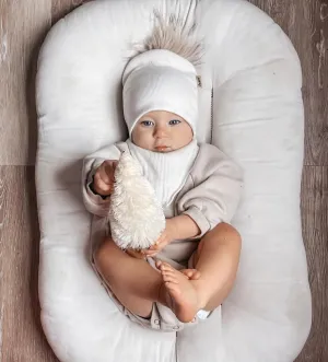 Cream Ribbed Faux Fur Pom Pom Hat and Infinity Scarf