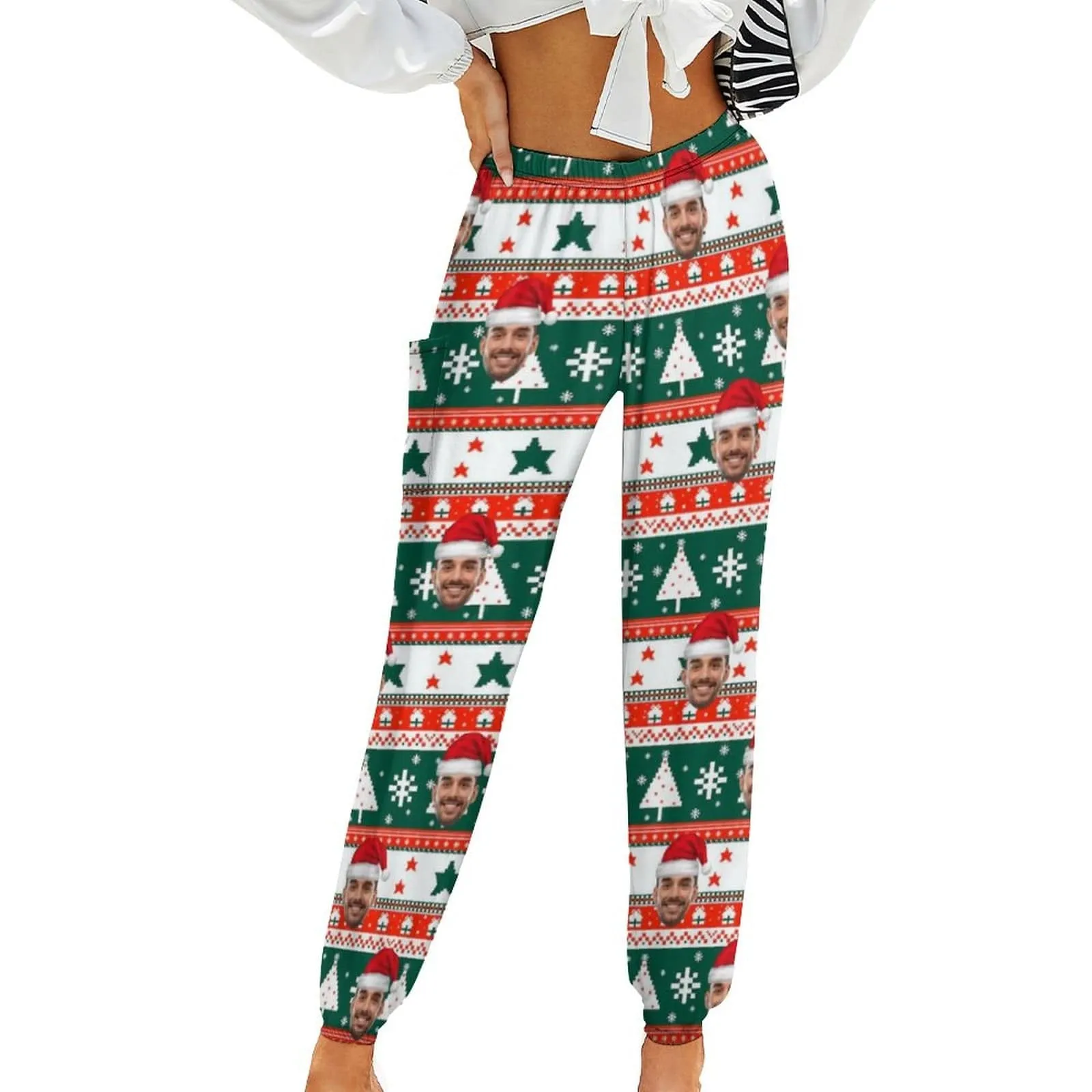 Custom Face Christmas Pattern Women's Jogger Casual Trousers Elastic Waist Sports Pants With Pocket