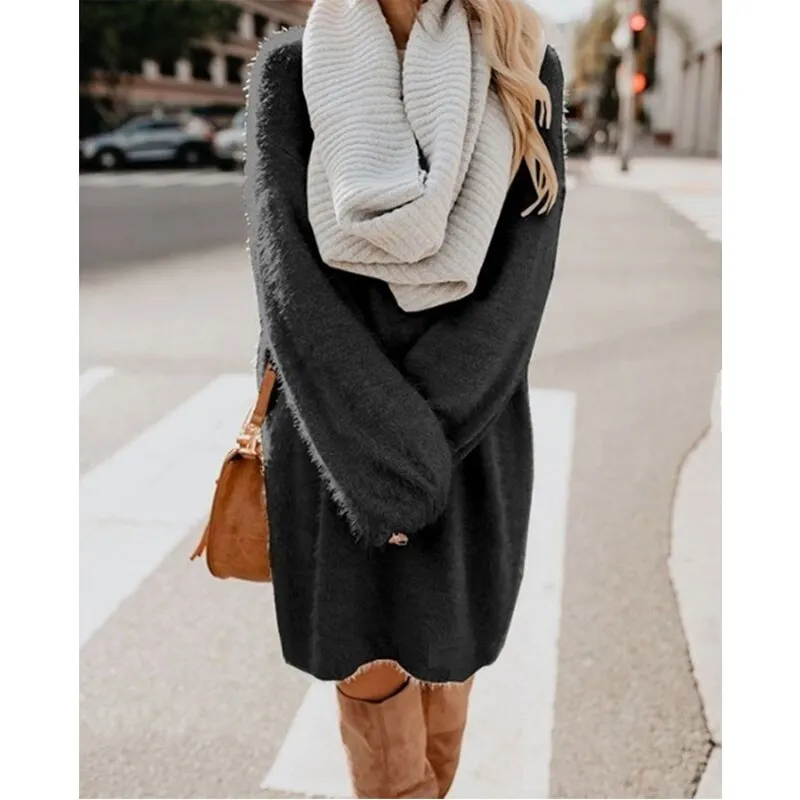 Fashionkova  Women Long Pullovers Sweater Solid O Neck Long Sleeve Casual Loose Plus Size Plush Woolen Soft Winter Pullover Sweaters