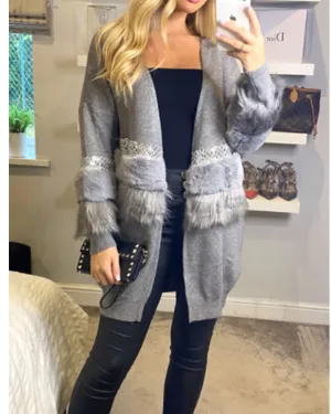 faux fur embllished with sequin design oversized cardigan in grey