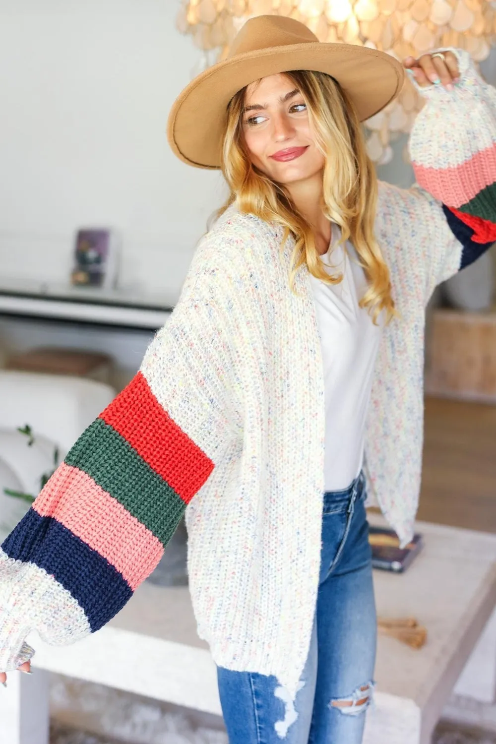 Full Size Color Block Open Front Cardigan