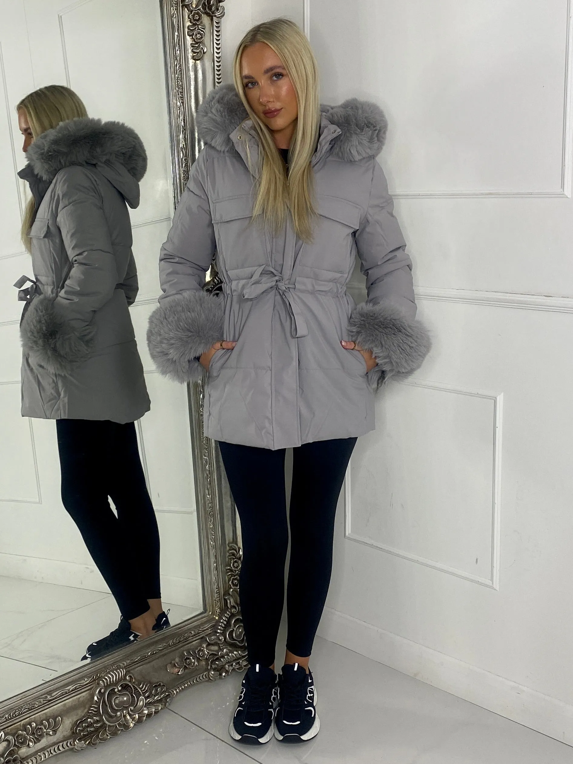 Fur hood trim Detail Longline Jacket - Grey