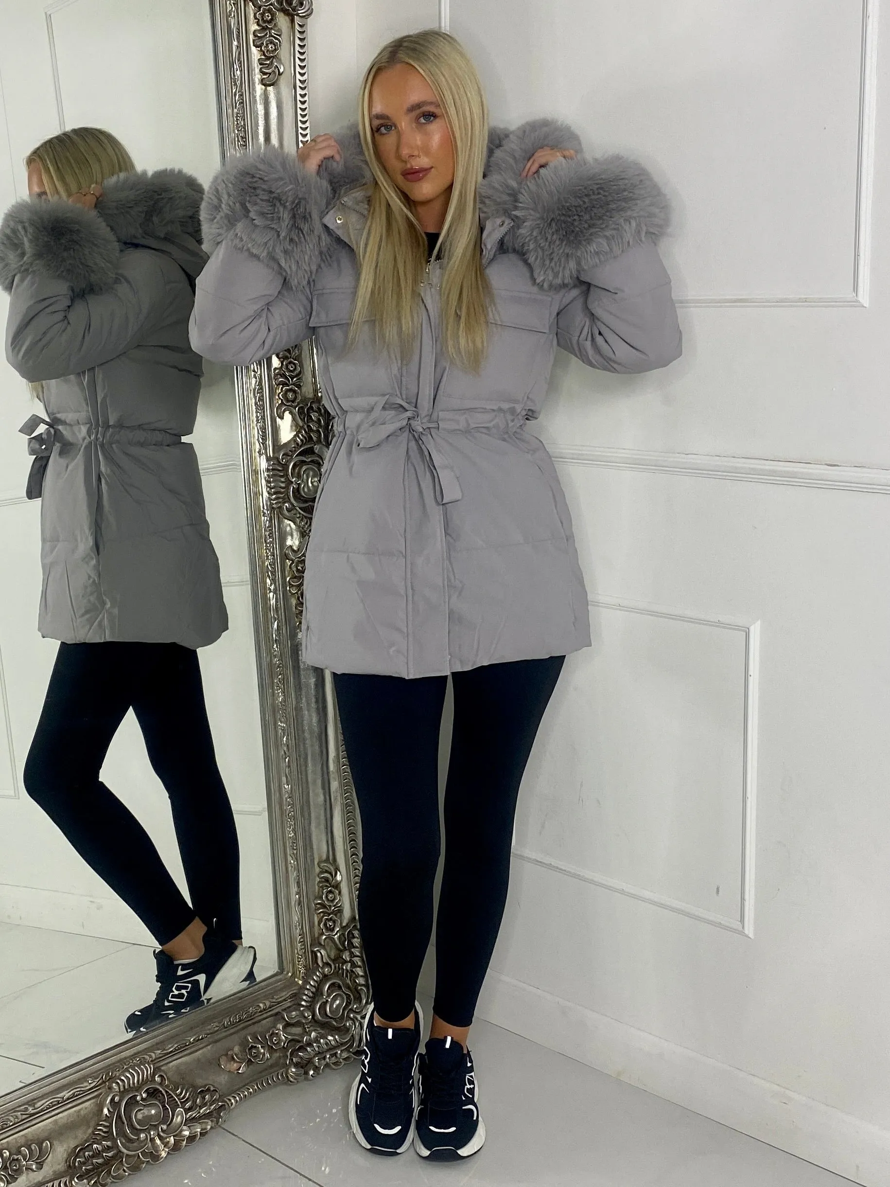 Fur hood trim Detail Longline Jacket - Grey