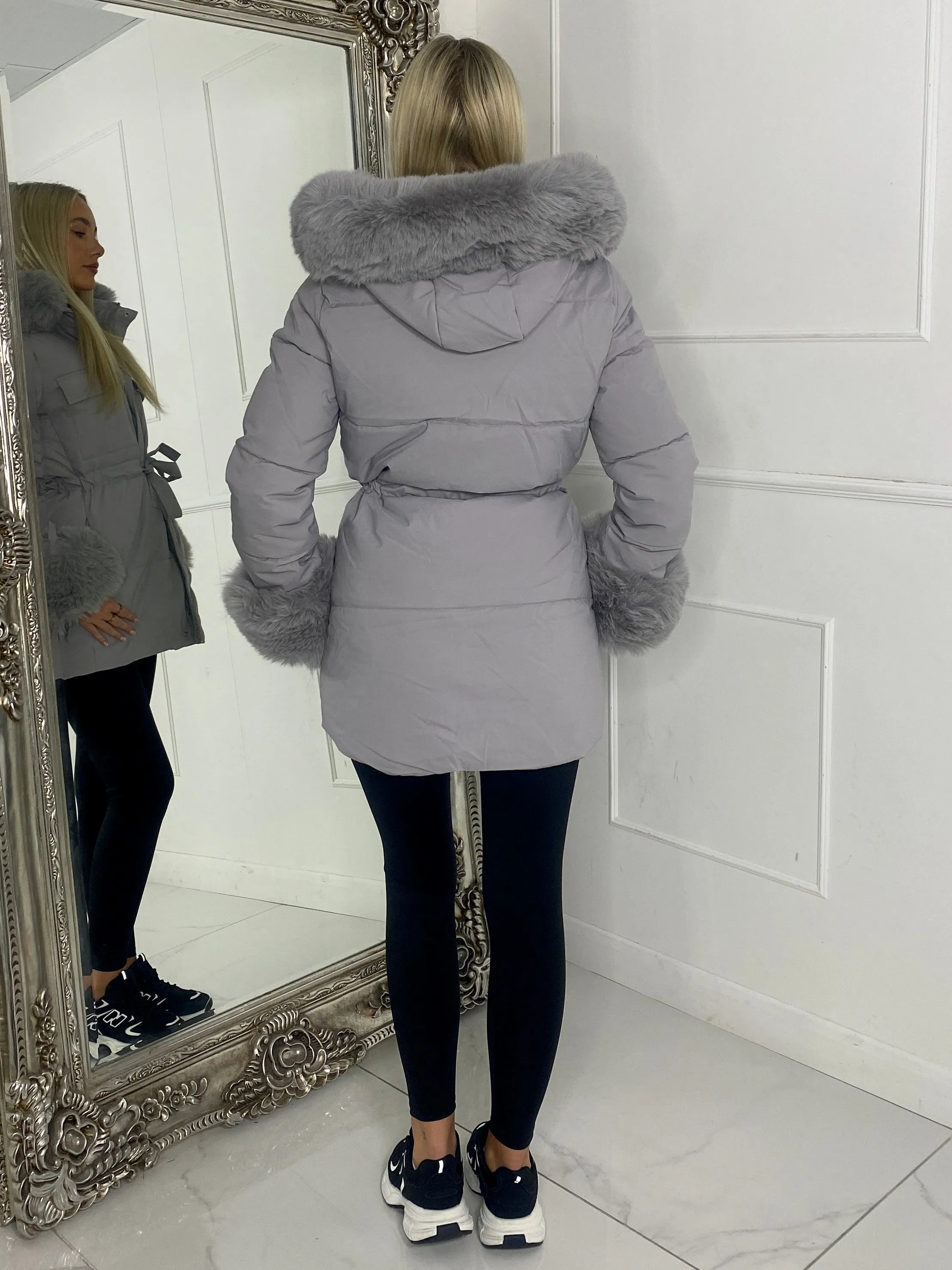 Fur hood trim Detail Longline Jacket - Grey