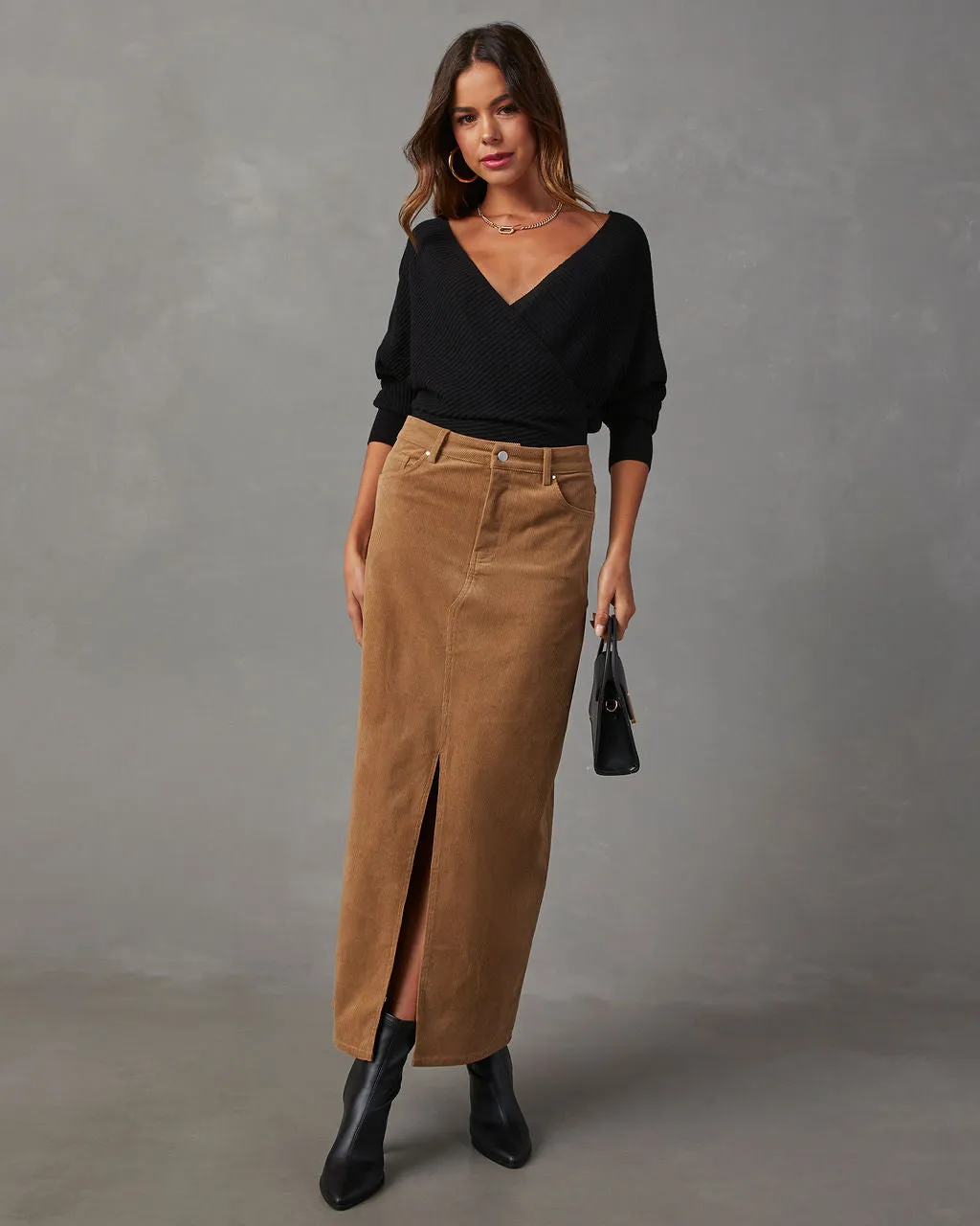 Ganita Corduroy Slit Midi Skirt