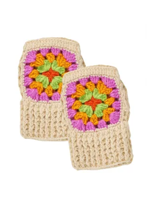 Granny Square Wool Boho Hand Warmers / Fingerless Gloves - Cream